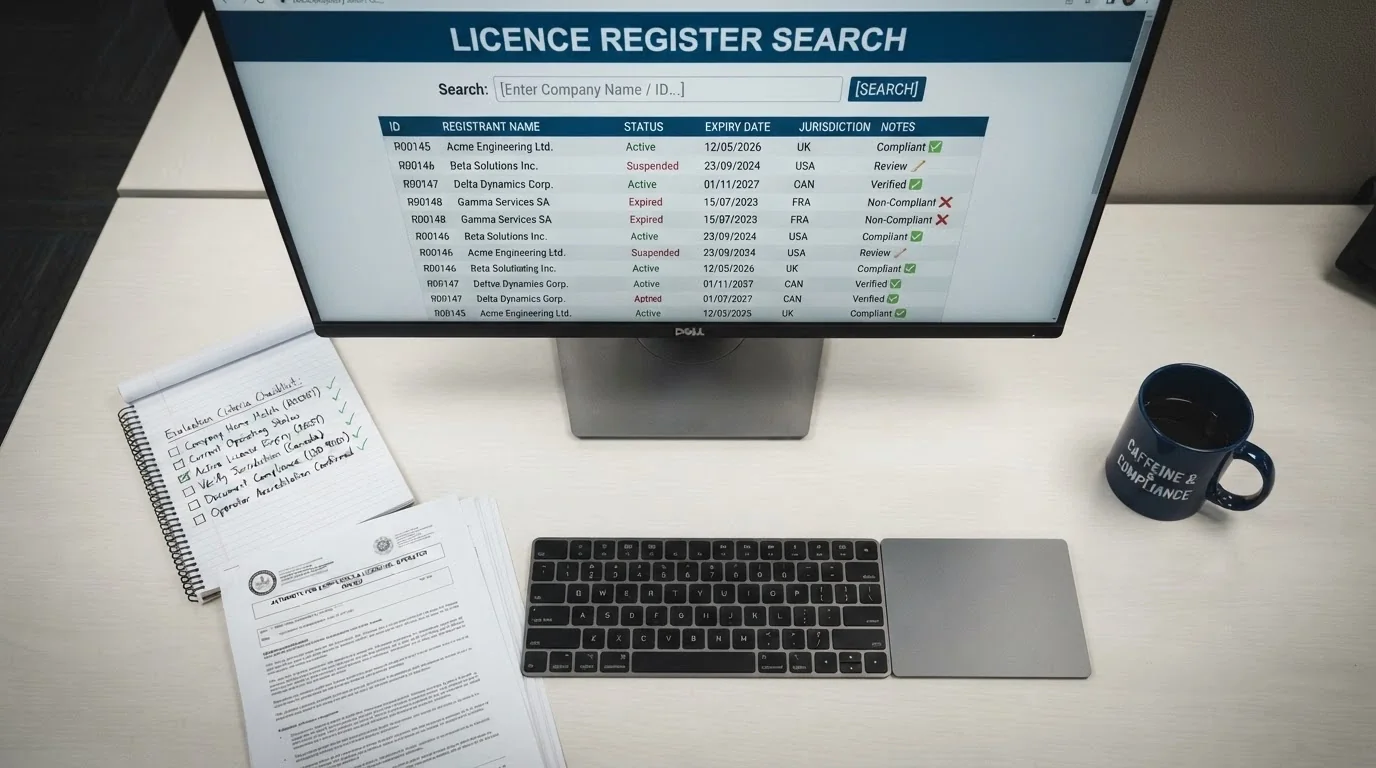 A desktop workspace with a monitor showing a casino licence-register search page, a notepad with handwritten criteria, and an Australian regulatory document open beside the keyboard
