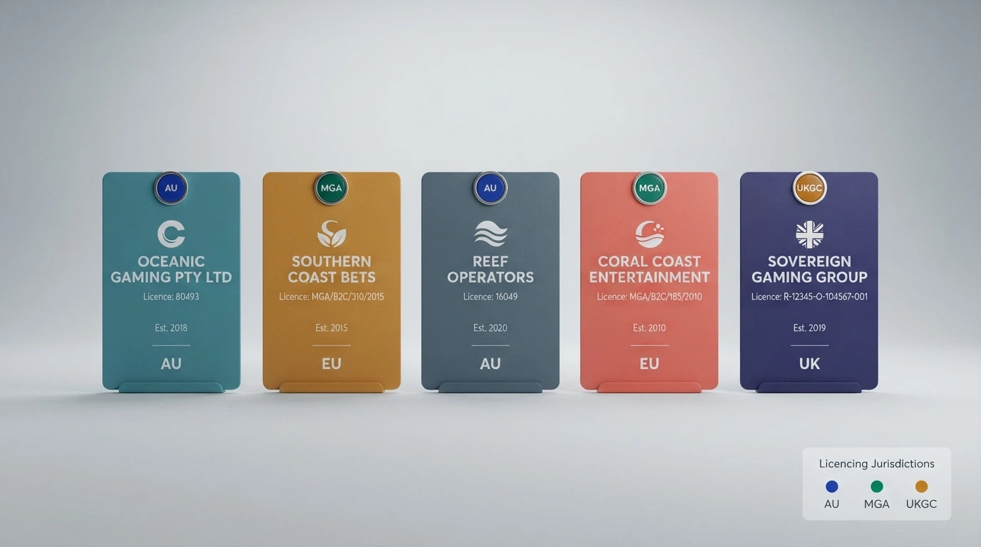 A horizontal comparison layout showing operator name cards arranged side by side, each with a small licence badge pinned to it, with the badges colour-coded by jurisdiction