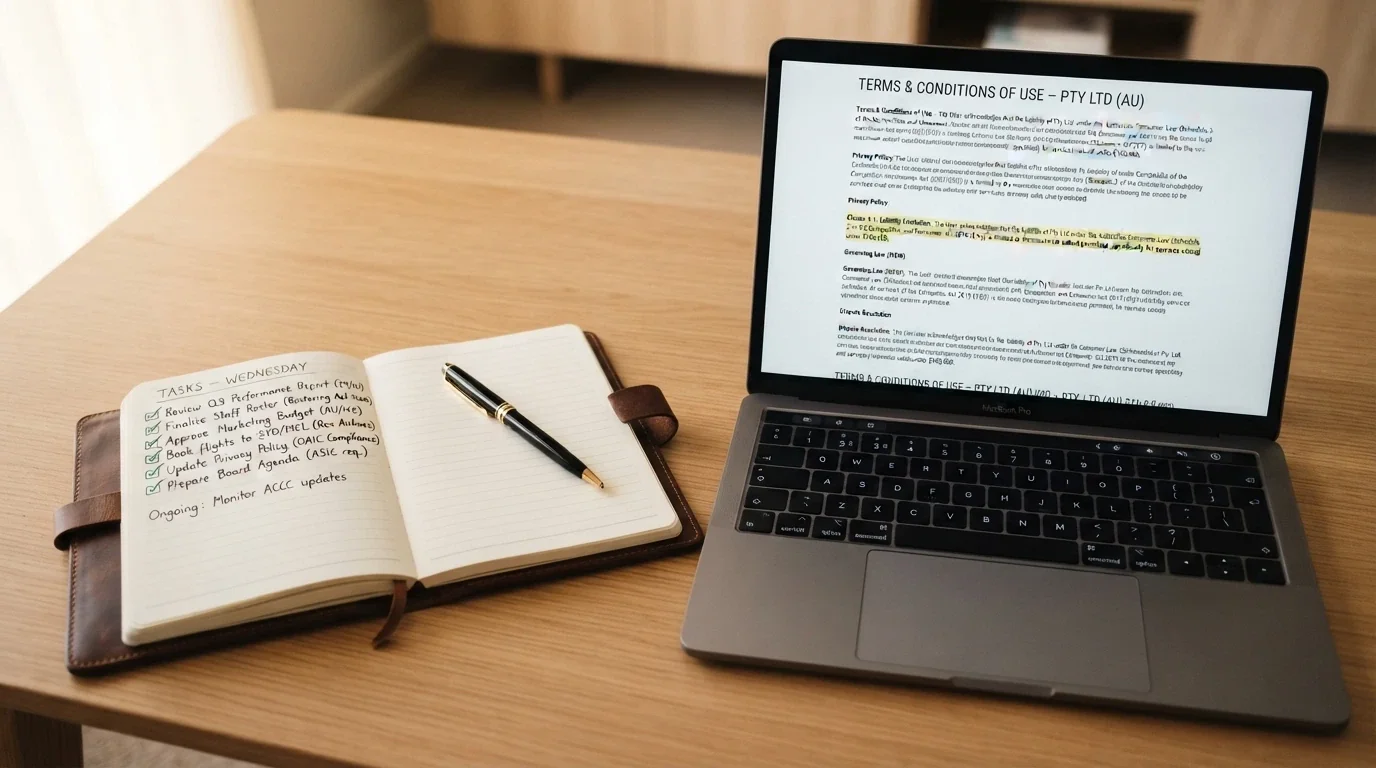 A desk with a notepad showing a checklist of criteria beside a laptop displaying a casino terms-and-conditions page, pen in hand