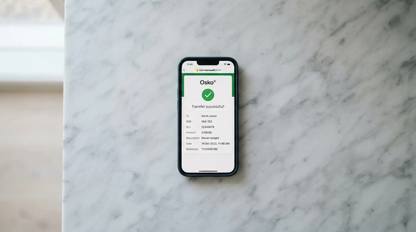 A banking app screen showing a completed PayID transfer with the Osko confirmation badge
