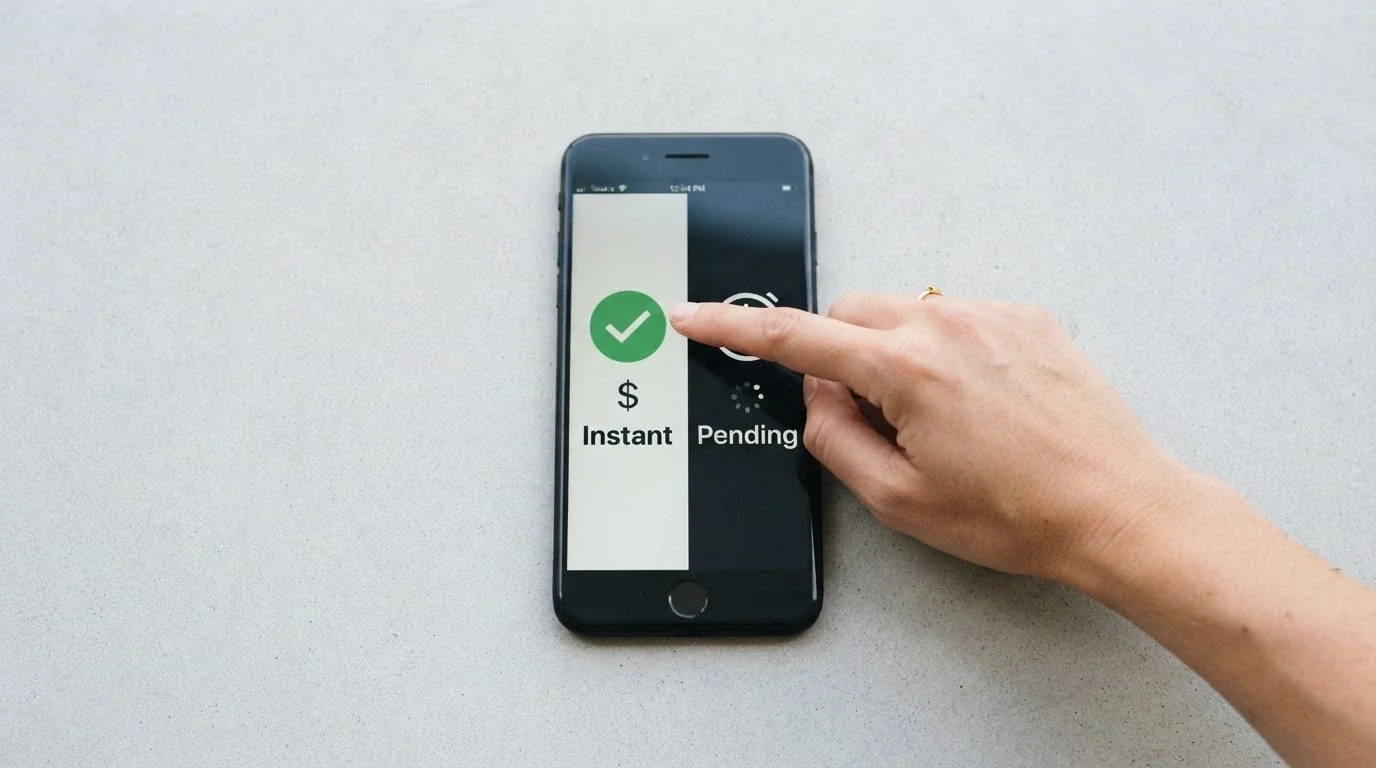 A split illustration: left side showing a phone with a PayID deposit confirmation (instant), right side showing a pending withdrawal with a clock icon