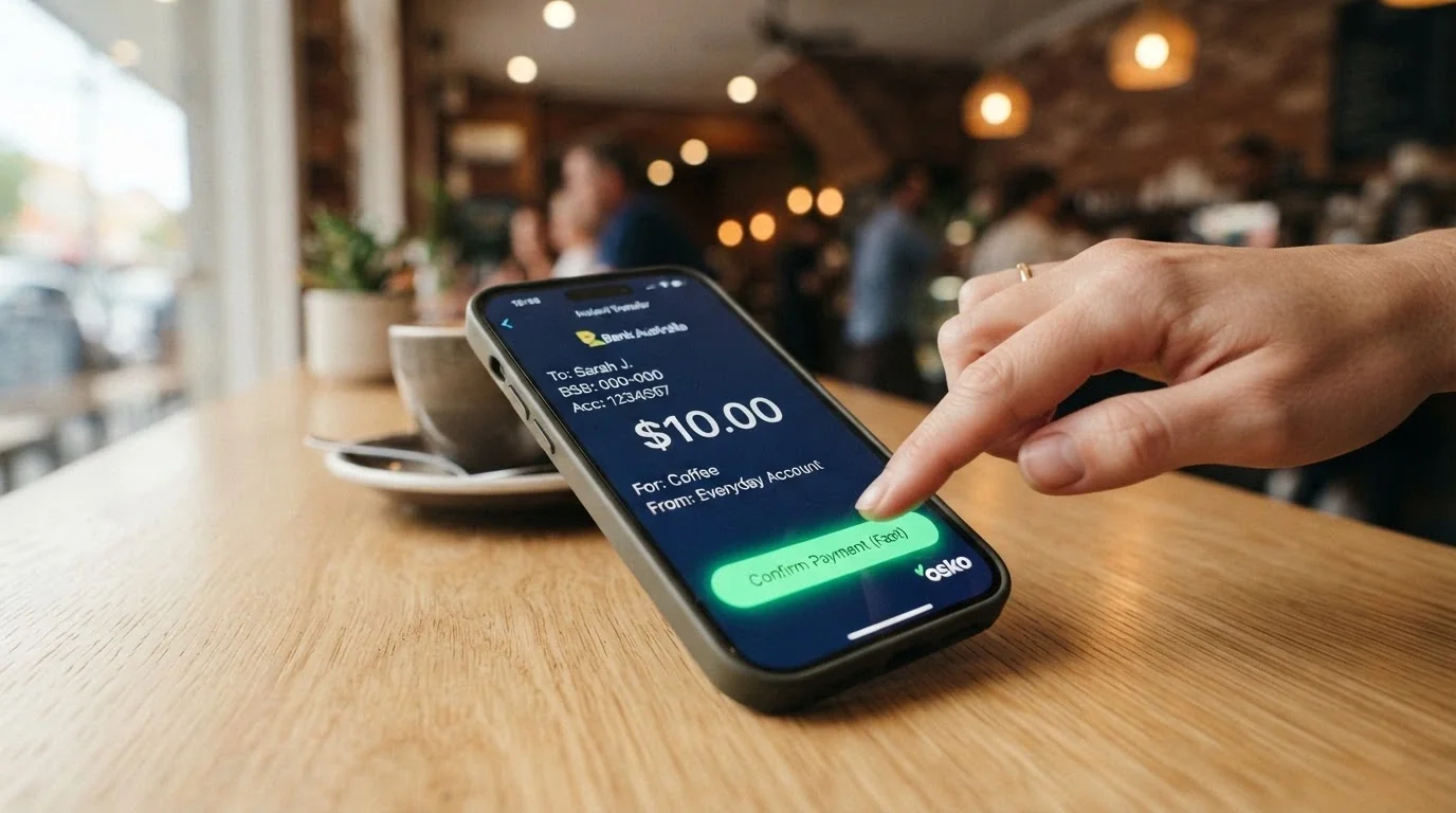 A close-up of a banking app open to the PayID transfer screen, showing an Osko payment of A$10.00 to a casino payee with a timestamp