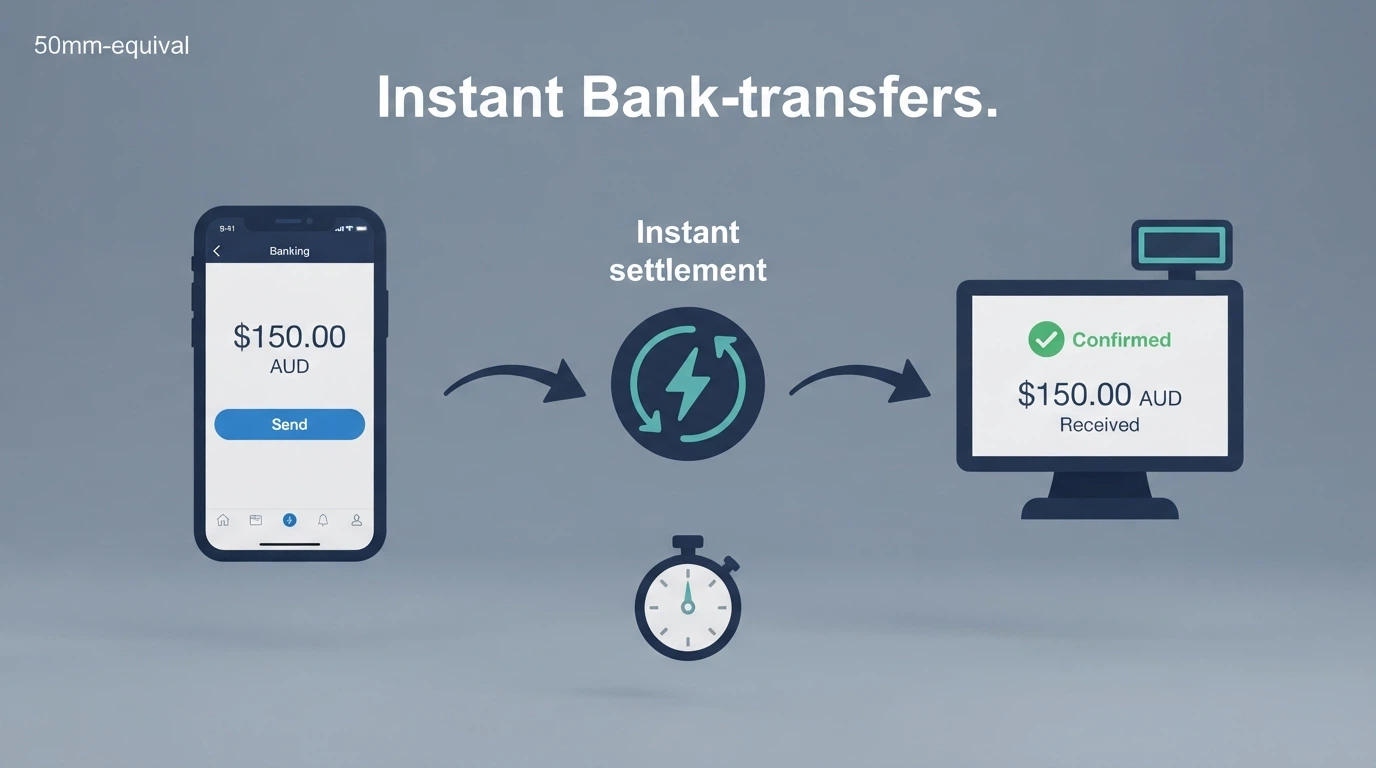 A step-by-step flow diagram showing a bank app PayID payment screen connecting to a casino cashier, with a stopwatch icon marking the near-instant transfer time