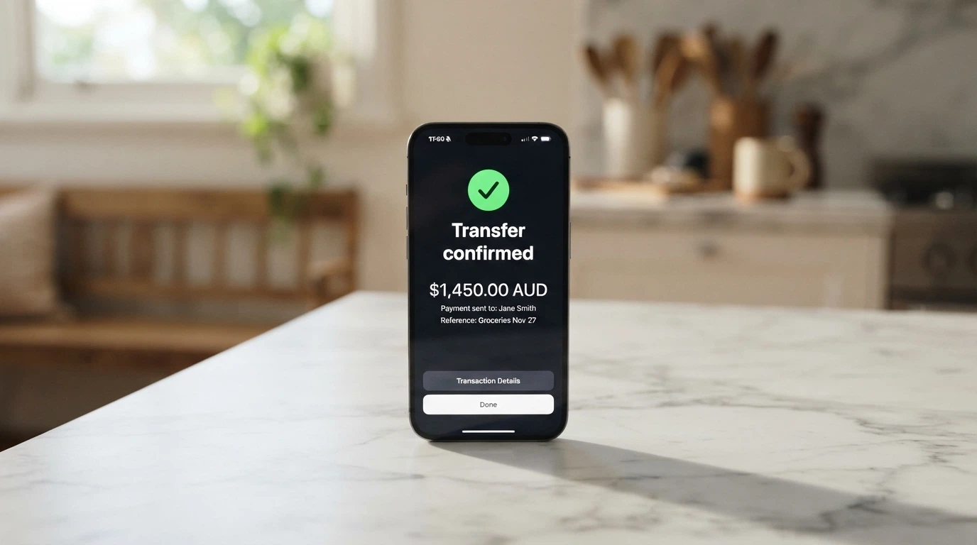 A smartphone screen showing a PayID transfer confirmation with an Osko payment reference, the amount field showing Australian dollars, and the timestamp reading seconds.