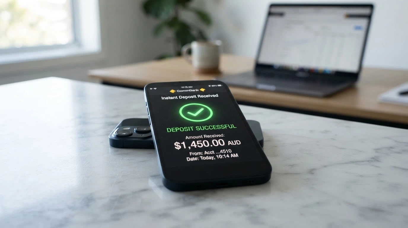A smartphone displaying a PayID transaction confirmation with an “instant deposit” notification and an Australian bank app interface visible in the background