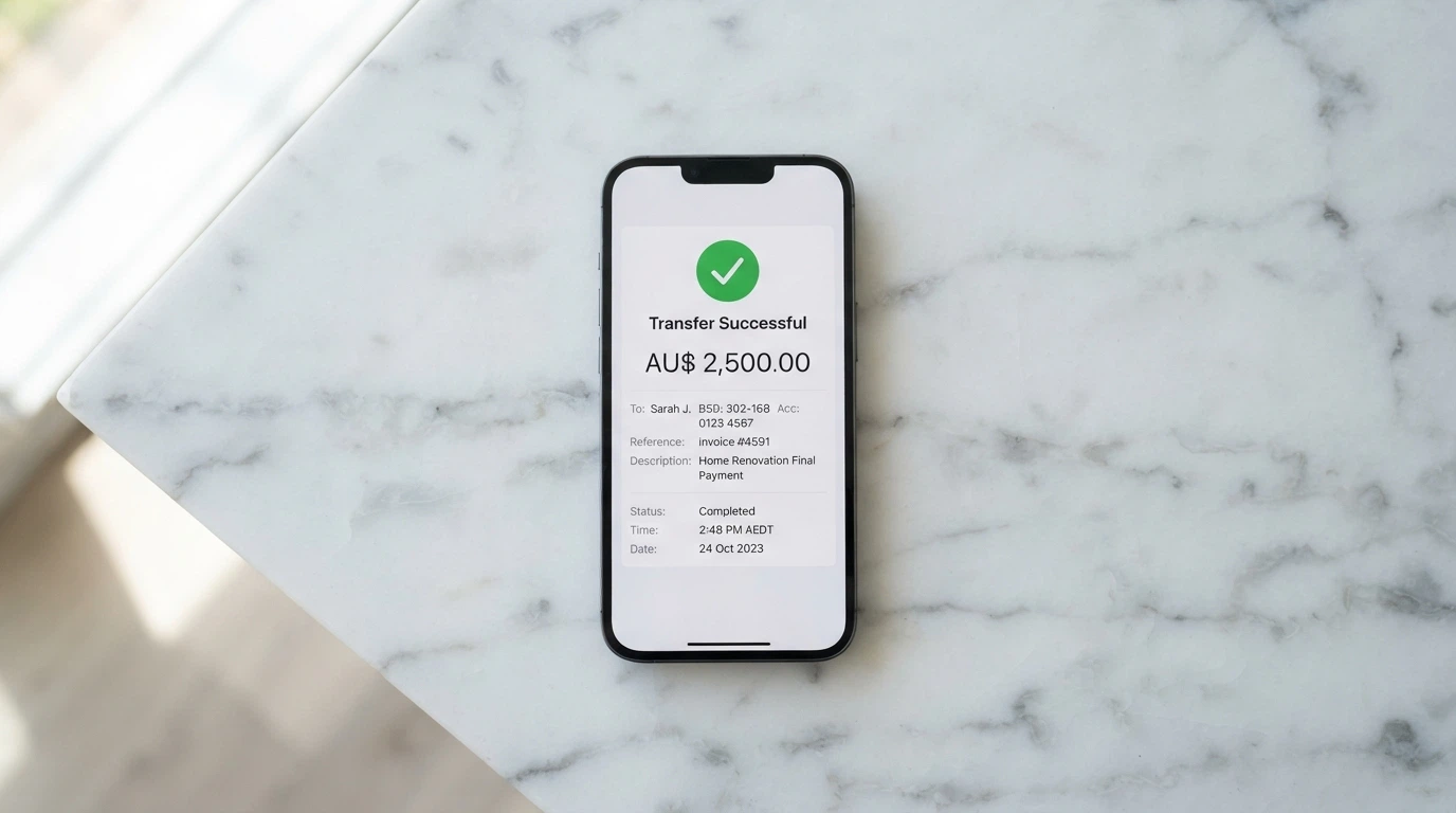 A mobile banking app screen showing a PayID transfer with a confirmation timestamp