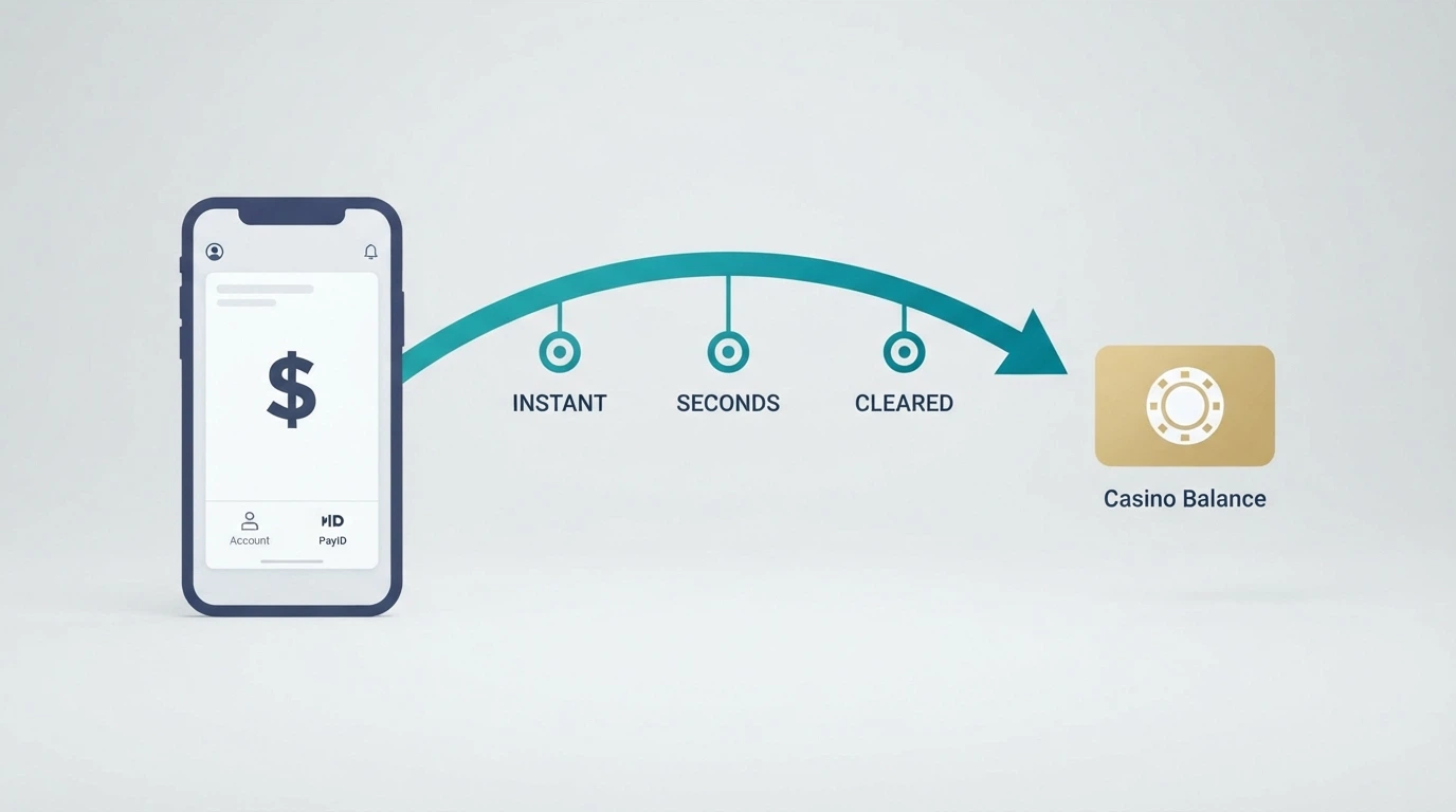 A diagram of the PayID deposit flow from an Australian banking app to an offshore casino balance, with timing annotations