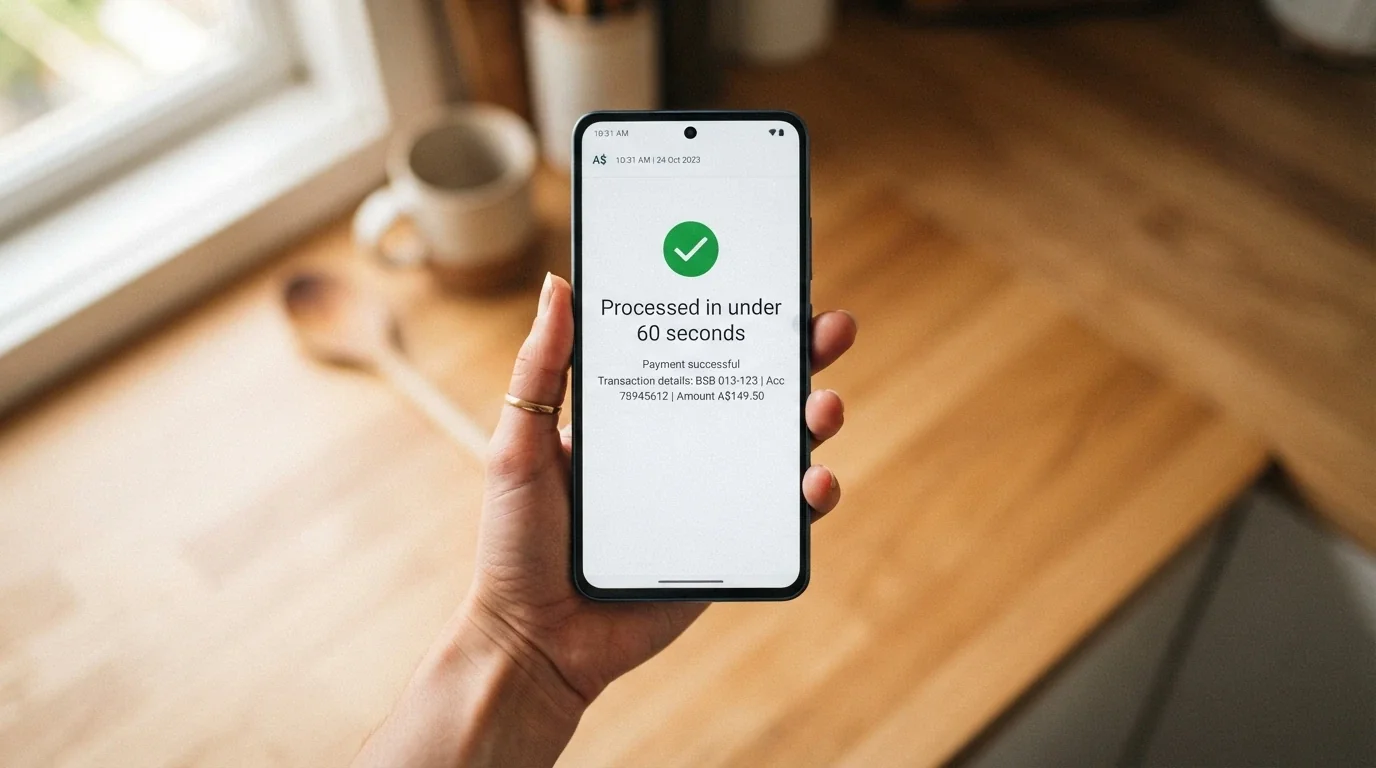 A smartphone banking app screen showing a PayID transfer confirmation with “Processed in under 60 seconds” visible