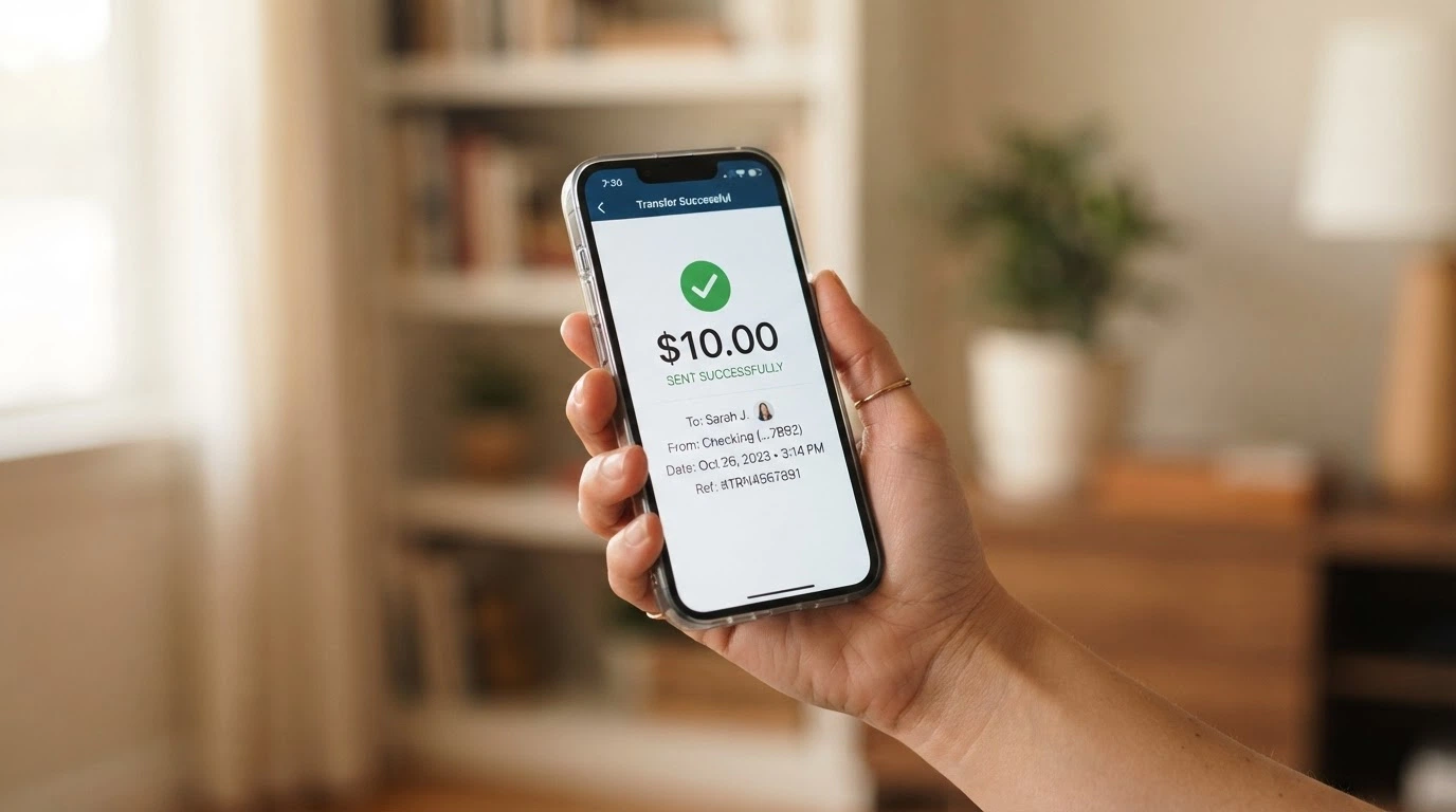 A smartphone displaying a banking app screen with the PayID/Osko transfer confirmation showing a $10.00 completed transaction