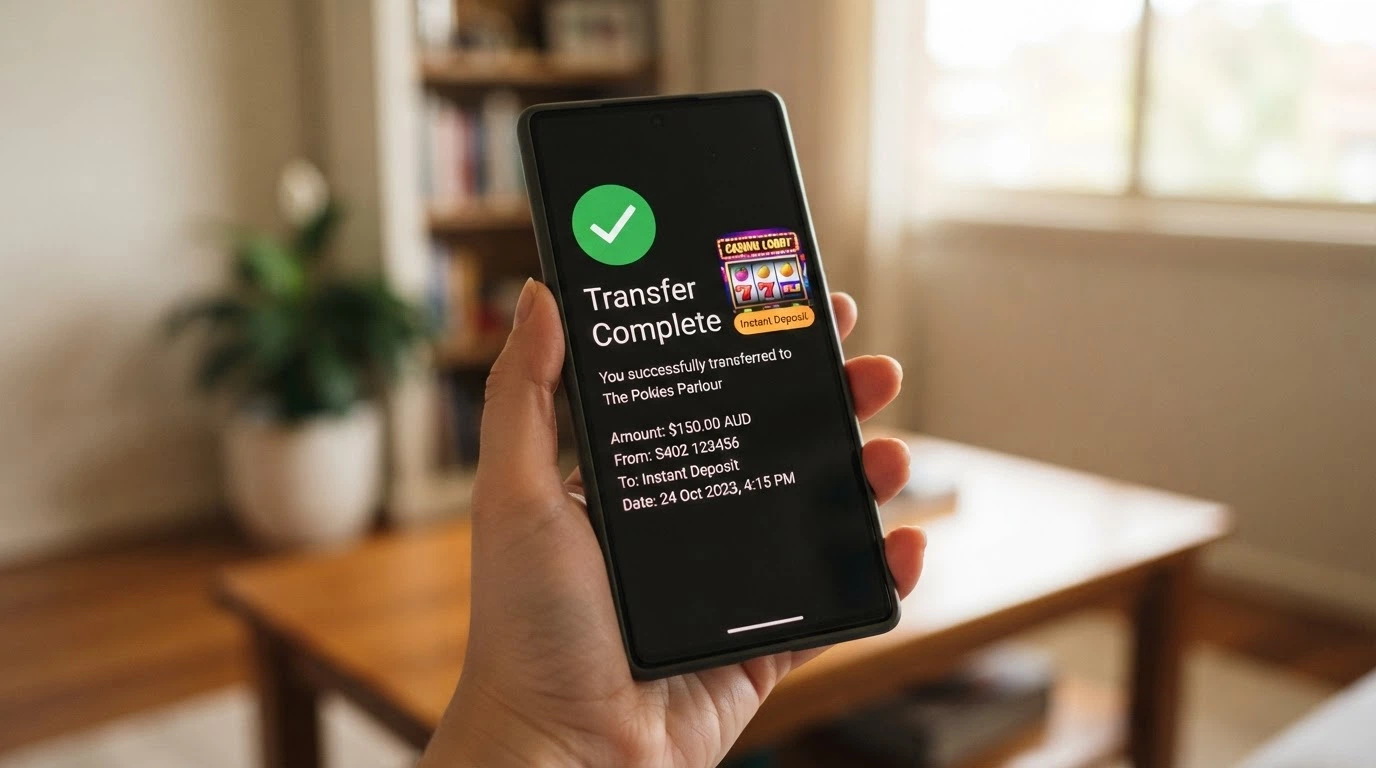 A bank app screen showing a PayID transfer confirmation beside a pokies lobby with an “Instant Deposit” tag