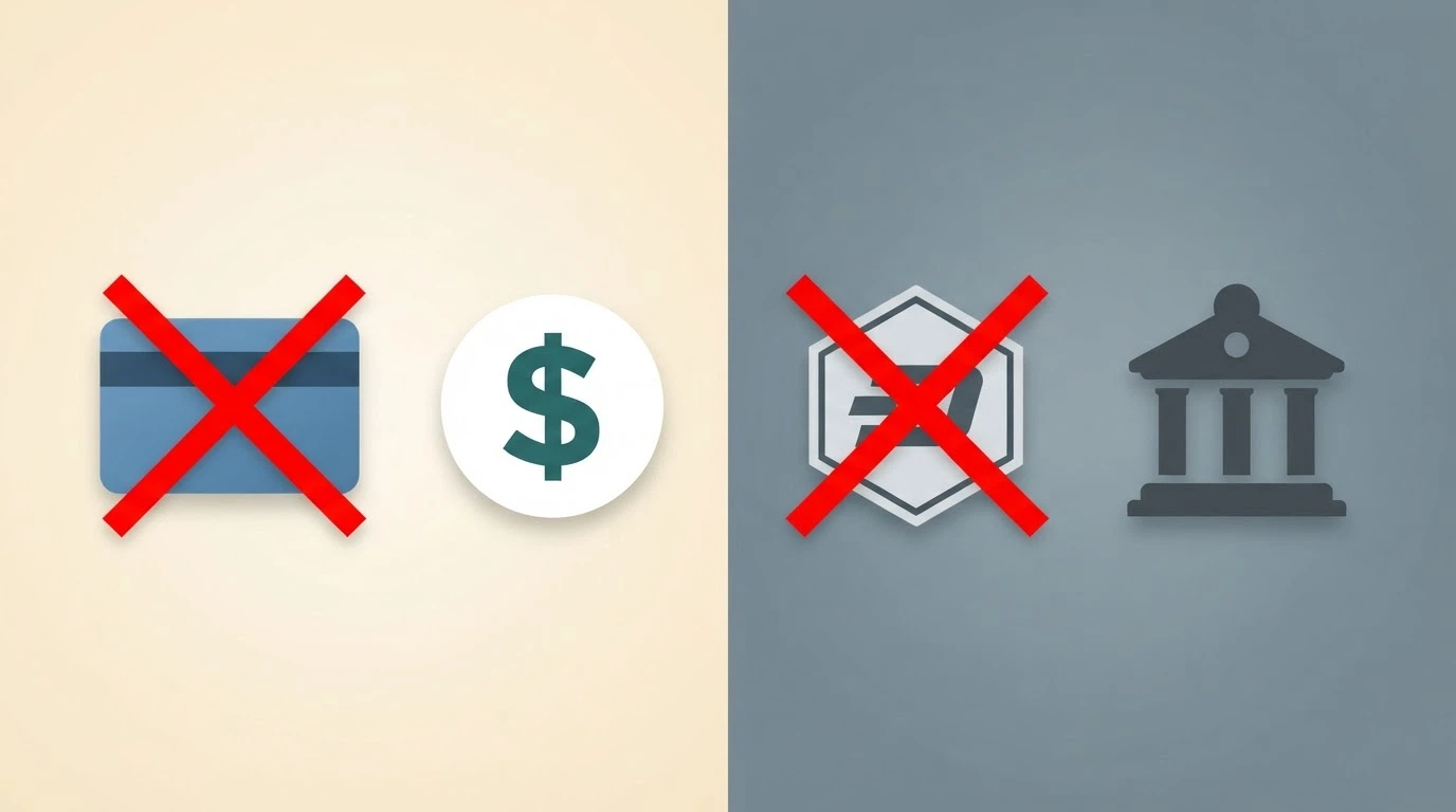 Four payment icons — a bank card, a PayID logo, a Bitcoin symbol and a bank-building silhouette — arranged across a split background, with a red cross over the credit-card and Bitcoin icons