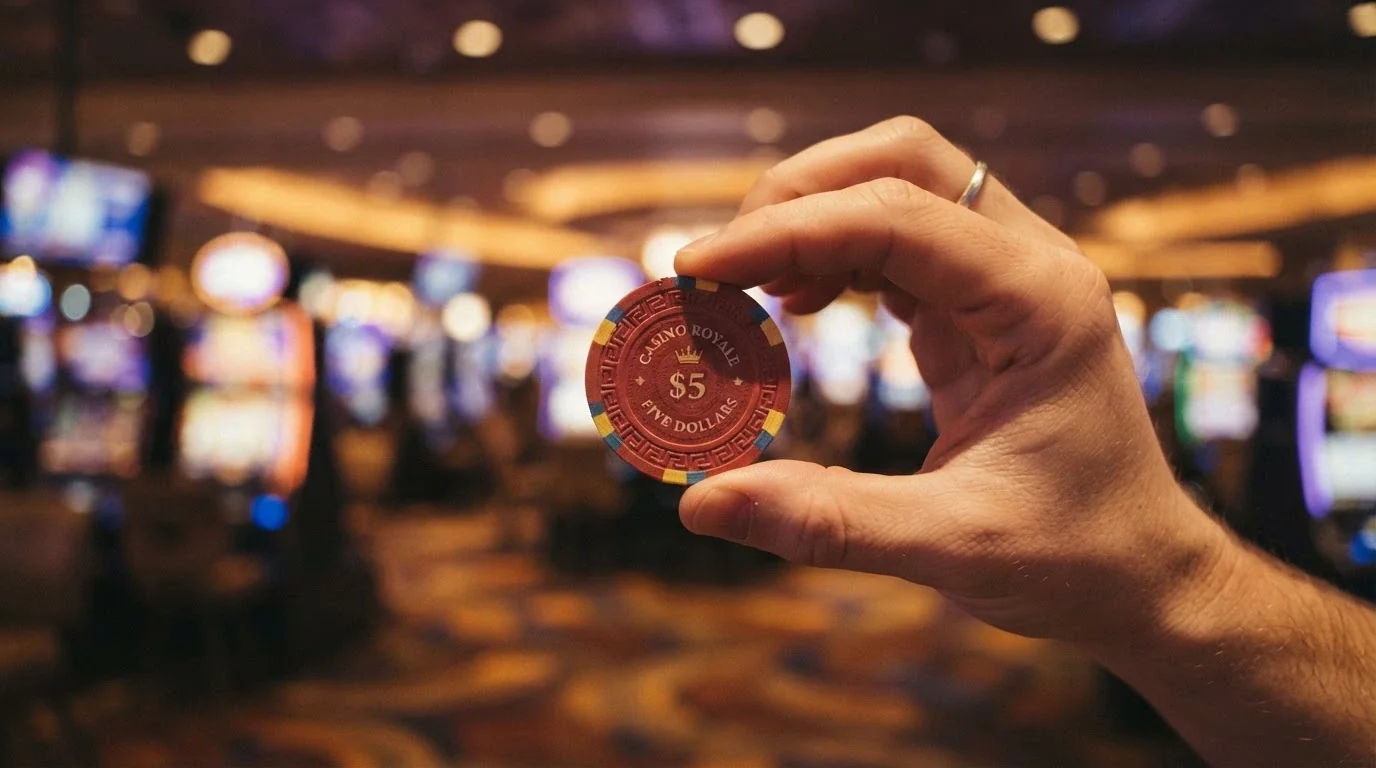 An Australian one-dollar coin held between thumb and forefinger against a blurred pokies-lobby background, the coin in sharp focus