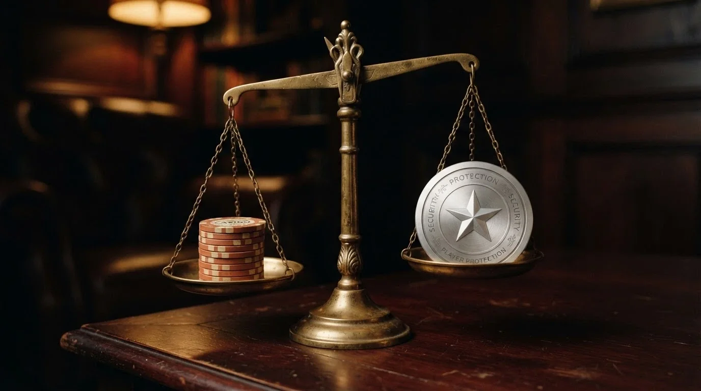 A set of balance scales: one side holds a stack of pokies chips labelled “Free Spins”, the other holds a shield labelled “AU Player Protections”