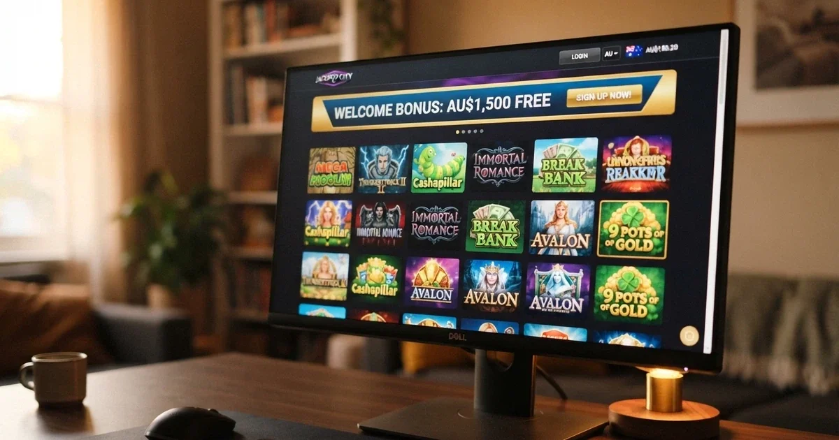 A browser window open to the Pocket Pokies casino lobby on a desktop screen, showing the pokies grid and the AU$1,500 welcome-bonus banner, with an Australian flag icon visible in the currency selector