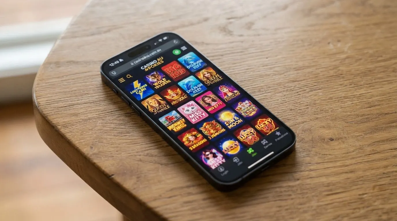 A smartphone screen displaying a grid of pokies thumbnails inside the Pocket Pokies lobby, with game titles and studio logos visible on the cards