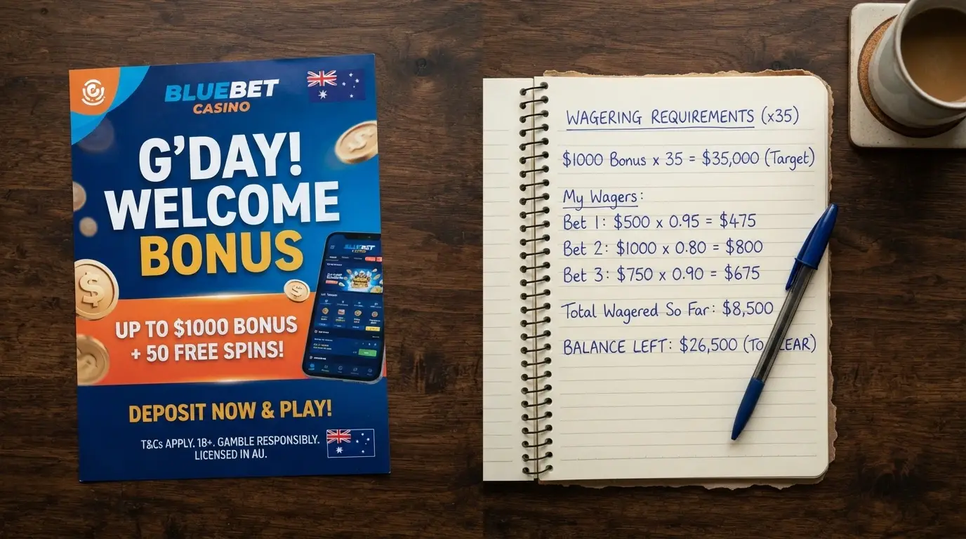A split composition: a bright welcome-bonus banner on one side, and a notepad with wagering arithmetic written out on the other