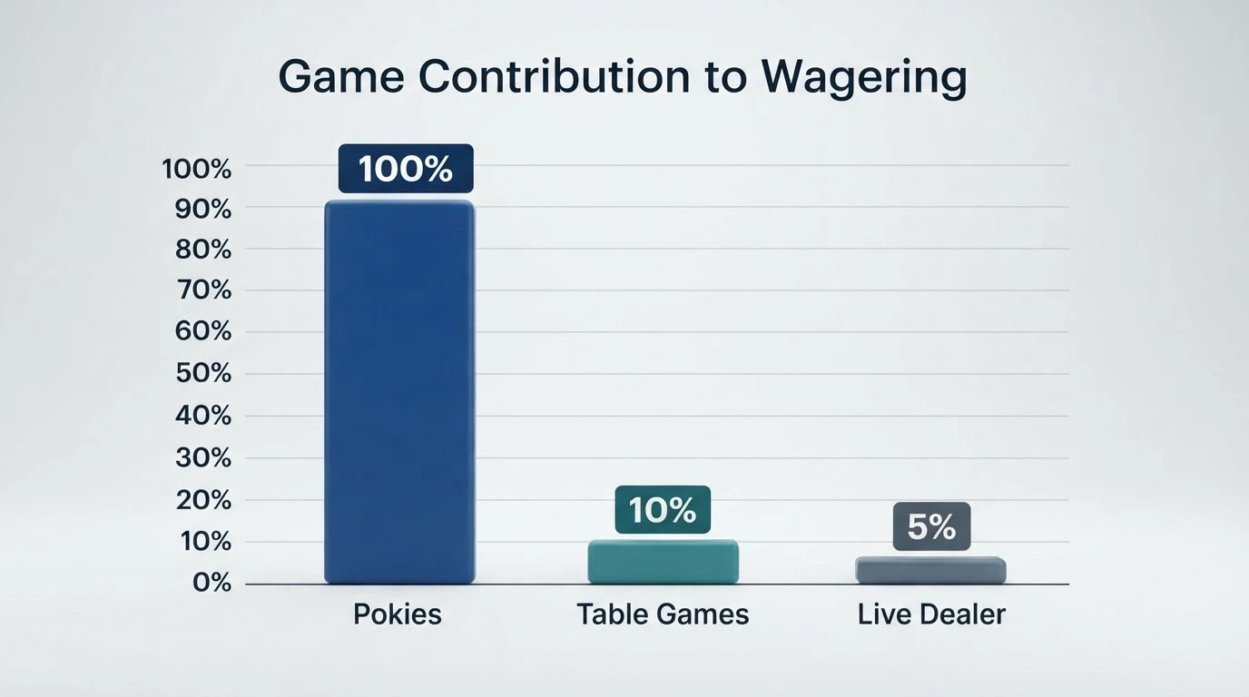 A game-contribution table from a casino's bonus terms showing pokies at 100%, table games at 10% and live dealer at 5%