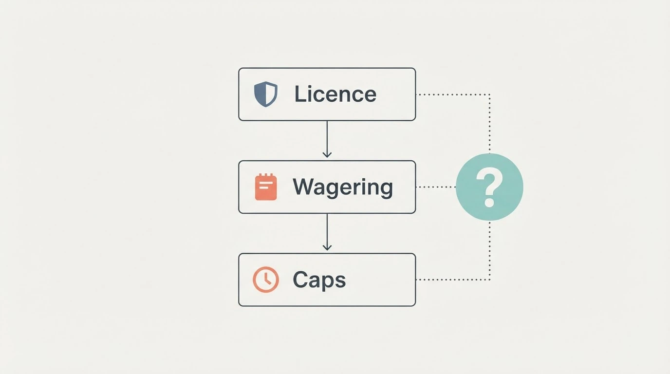 A simple decision-flow visual showing the checks a player should make before depositing — licence, wagering maths, withdrawal caps — with a prominent question mark at the centre
