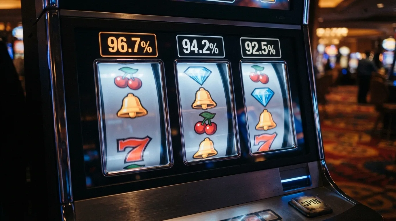 A row of online pokies reels with RTP percentage labels overlaid, one reel showing a lower figure in a warning colour