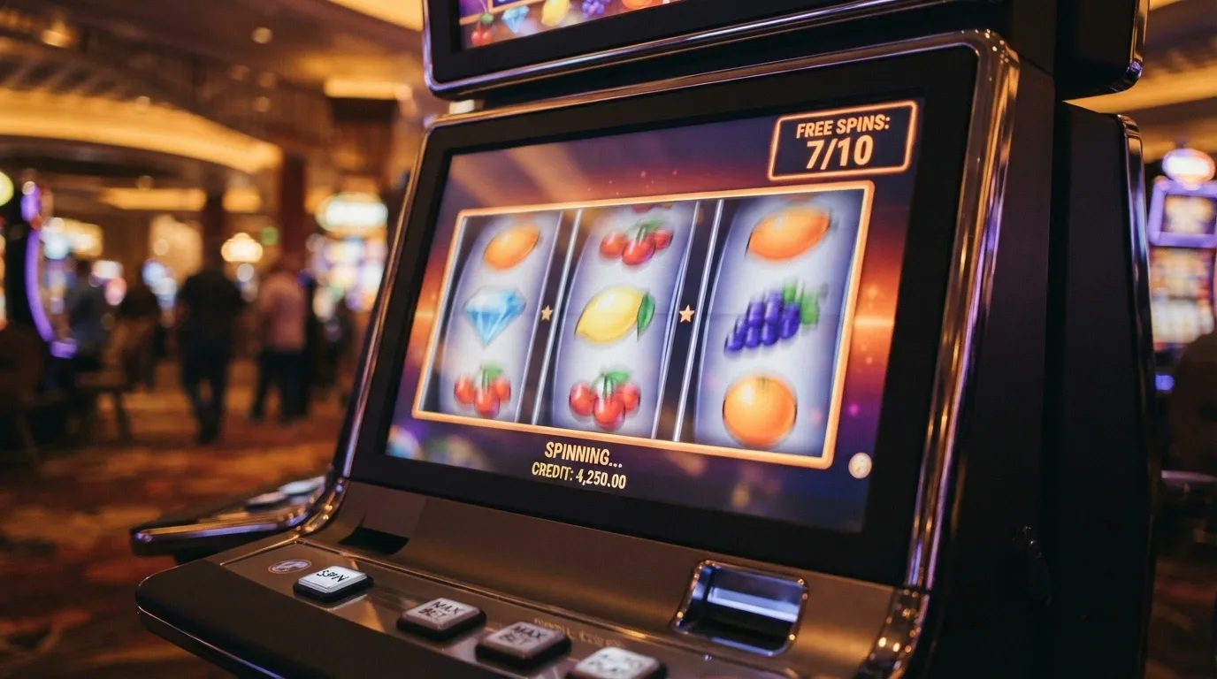 A row of online pokies reels mid-spin with a free-spins counter visible in the corner of the screen