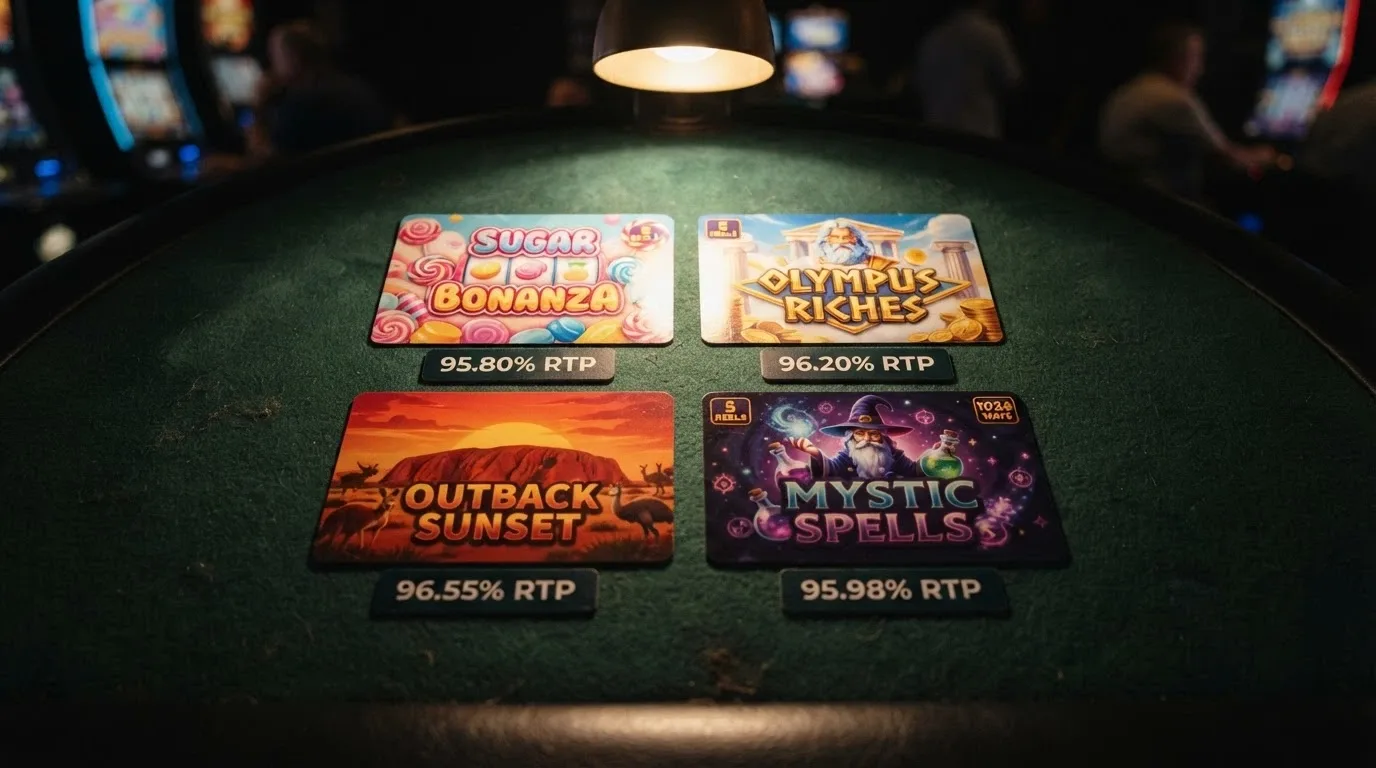 A grid of four pokie title cards — Sweet Bonanza, Gates of Olympus, Wild West Gold and Madame Destiny Megaways — with their RTP percentages displayed beneath each