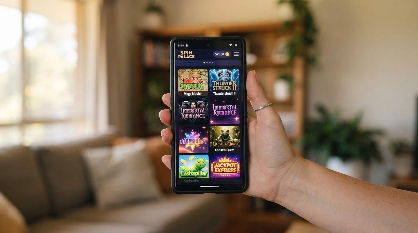A hand holding a smartphone with a mobile casino site loaded in the browser, overlaid with a home-screen shortcut icon