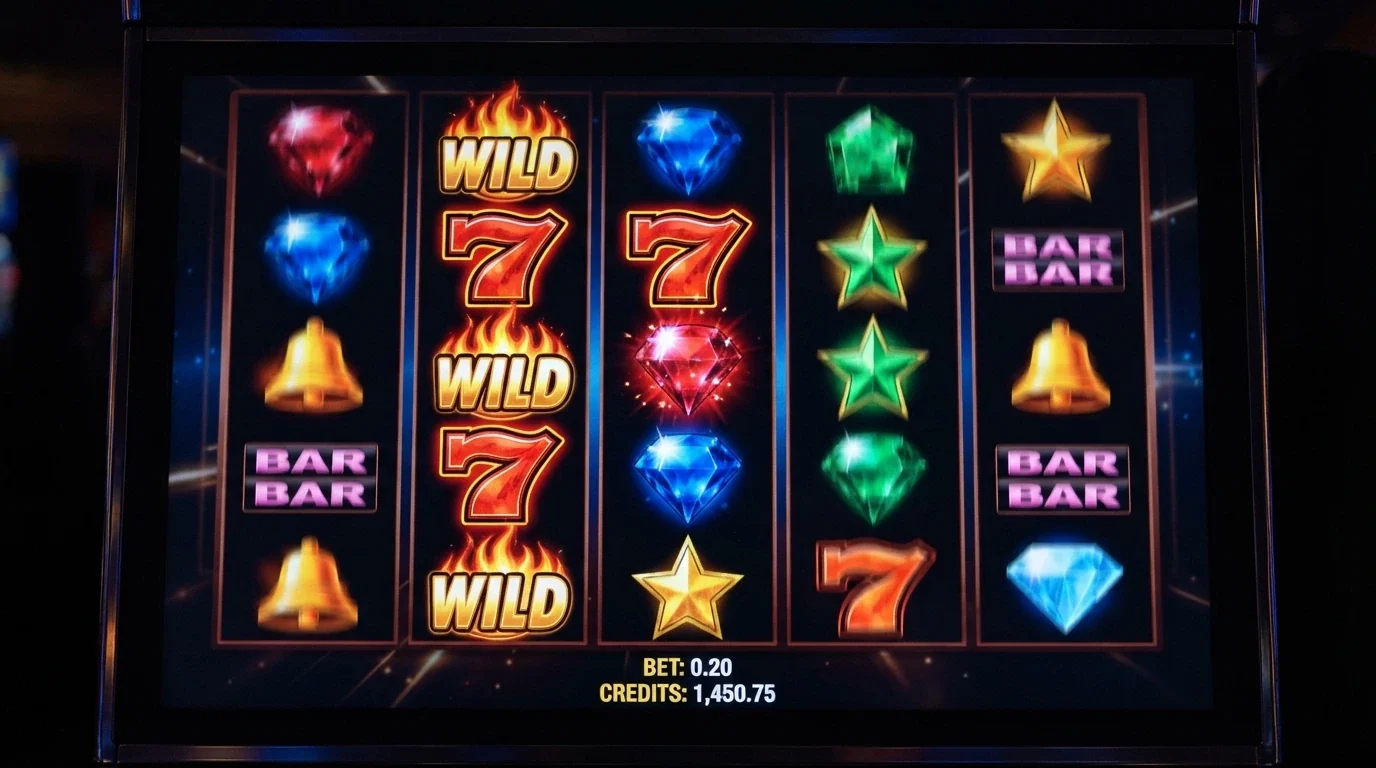 A close-up of a pokies screen mid-spin with the reel symbols sharp and the bet amount showing a low stake, colourful game graphics