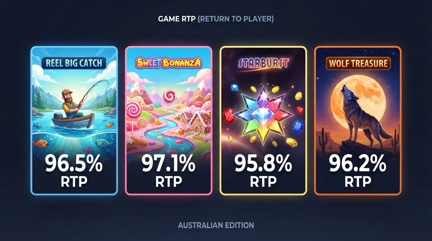 A row of colourful pokies title cards — Big Bass Bonanza, Sweet Bonanza, Starburst and Wolf Treasure — arranged like a top-trumps spread with RTP percentages shown underneath