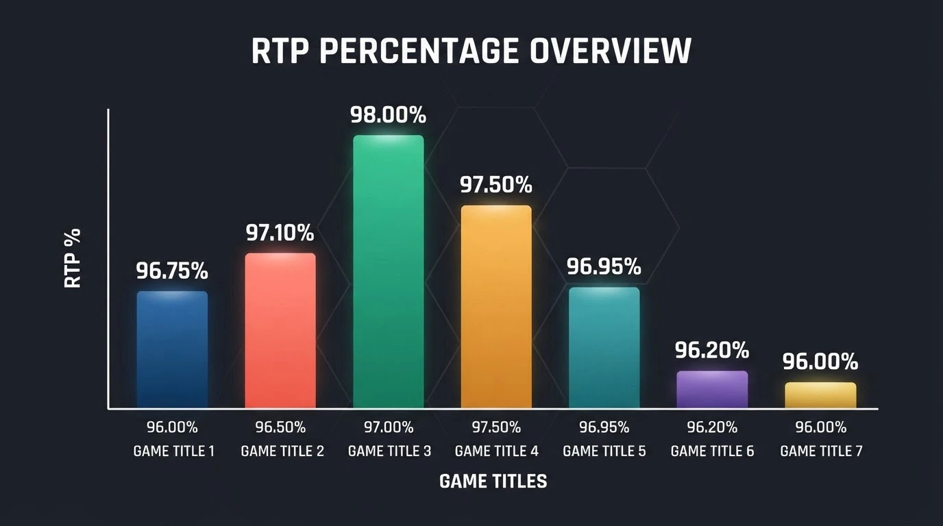 A stylised bar chart comparing RTP percentages across Starburst, Sweet Bonanza, Gates of Olympus, Big Bass Bonanza, Wolf Gold, Blood Suckers and Bigger Bass Splash
