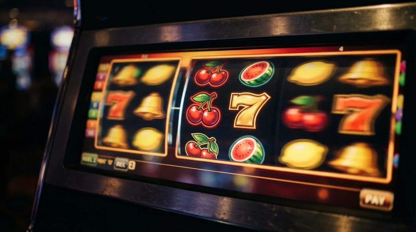 Close-up of spinning digital pokie reels with fruit and lucky-seven symbols mid-spin