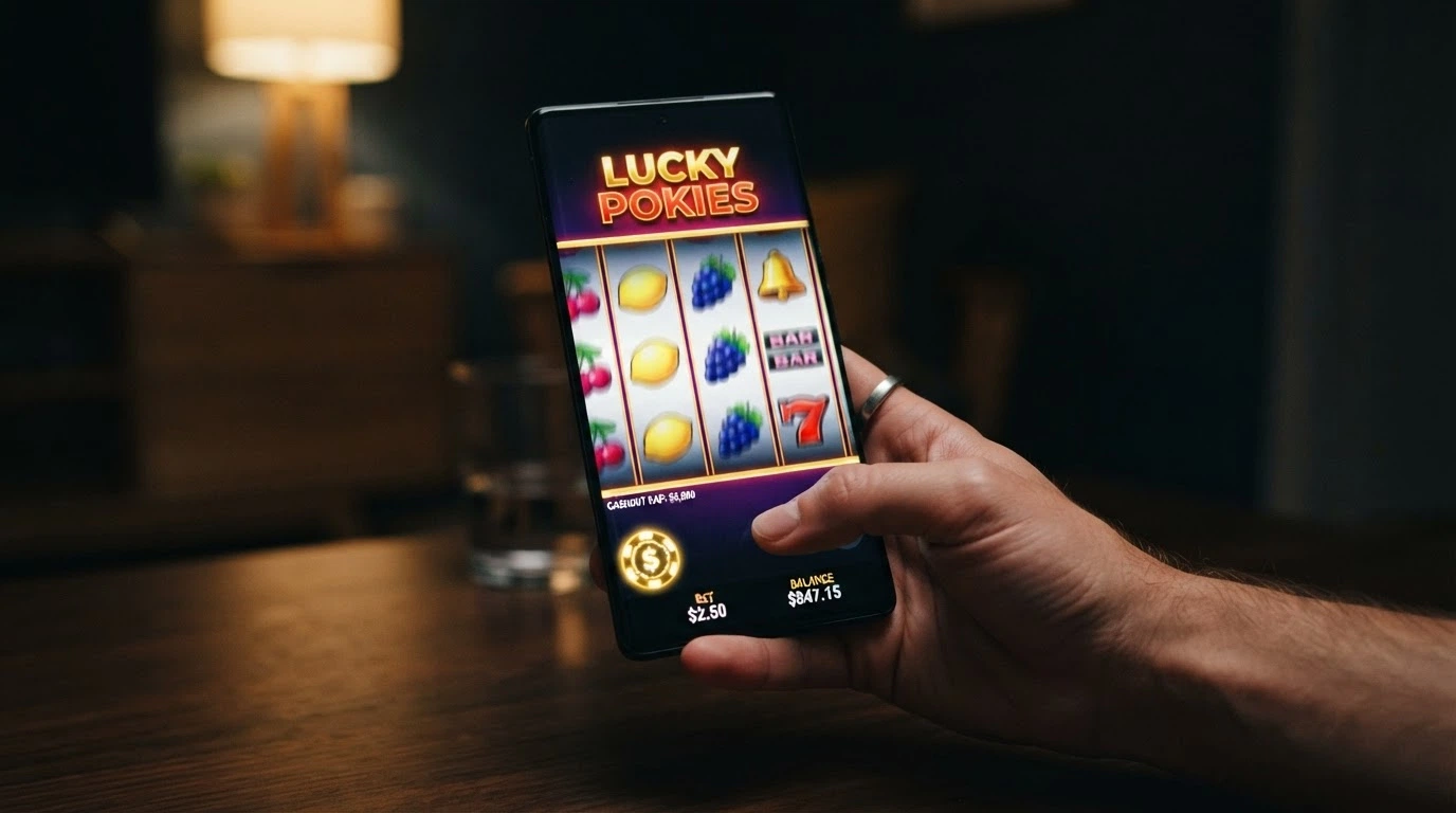 A row of five pokies reels mid-spin on a mobile screen, with a small A$5 chip in the corner and a cashout-cap note below