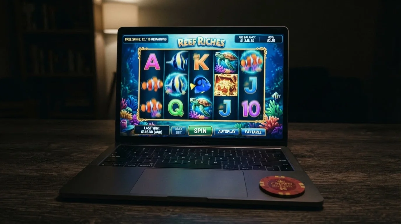 An online pokies game screen with a free-spins counter and winnings display visible