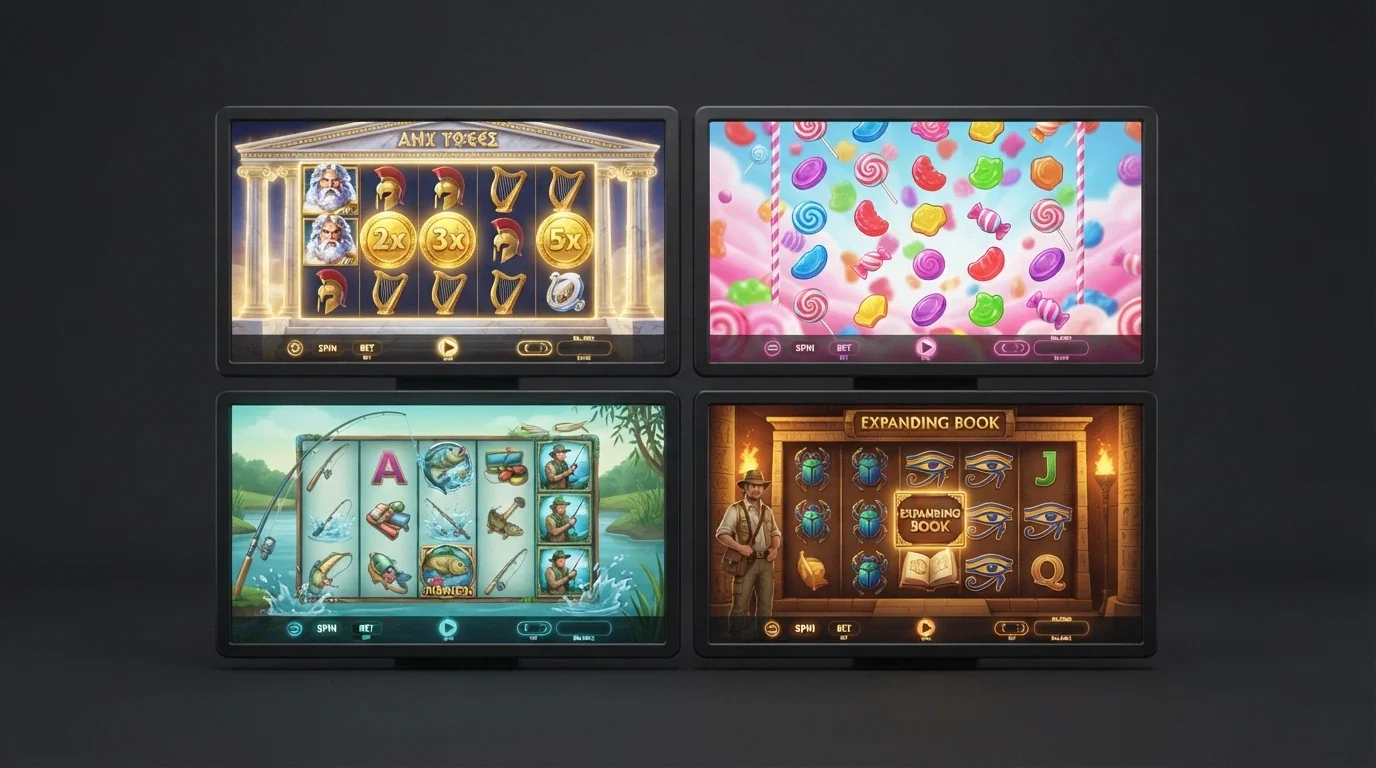 A grid of four pokie-title screens arranged in a square — Gates of Olympus, Sweet Bonanza, Big Bass Bonanza and Book of Dead — each showing its distinctive visual style and reel layout