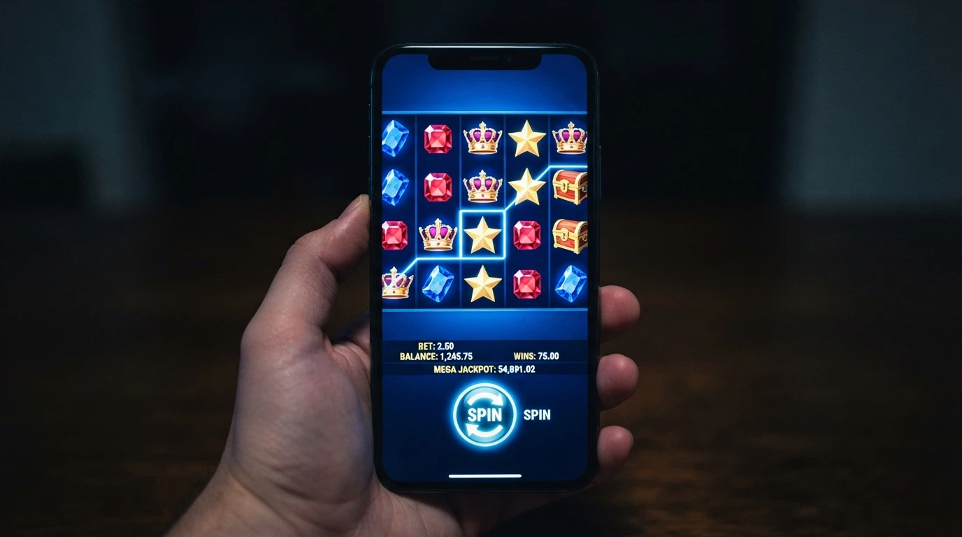 A smartphone screen showing a recognised online pokie title in-play with the spin button, bet adjuster and balance display visible