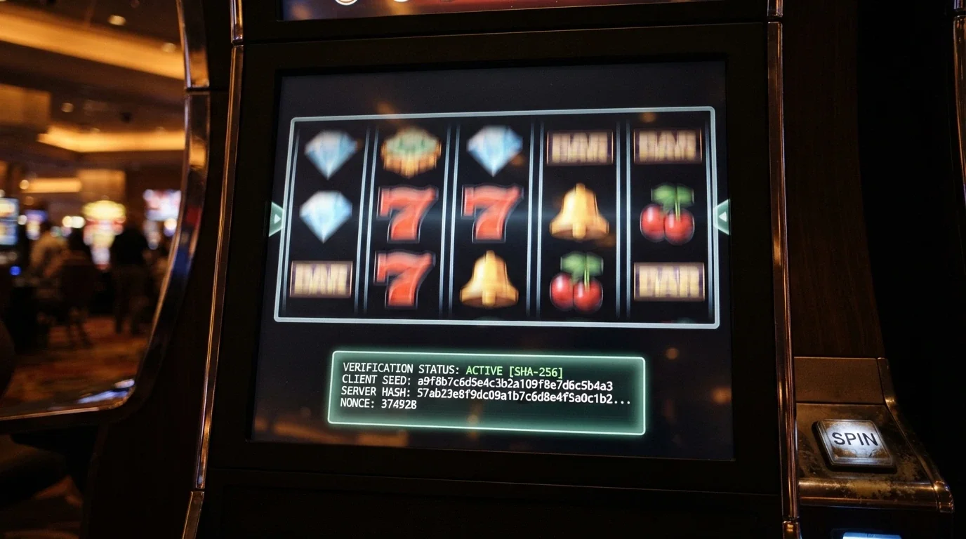A close-up of five pokies reels mid-spin with colourful symbols and a “provably fair” verification panel displayed at the bottom showing the client seed and server hash