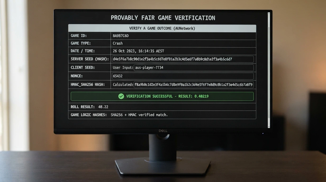 A computer screen displaying a provably fair verification interface — cryptographic hash strings, a client seed and a server seed visible, with a verification result shown