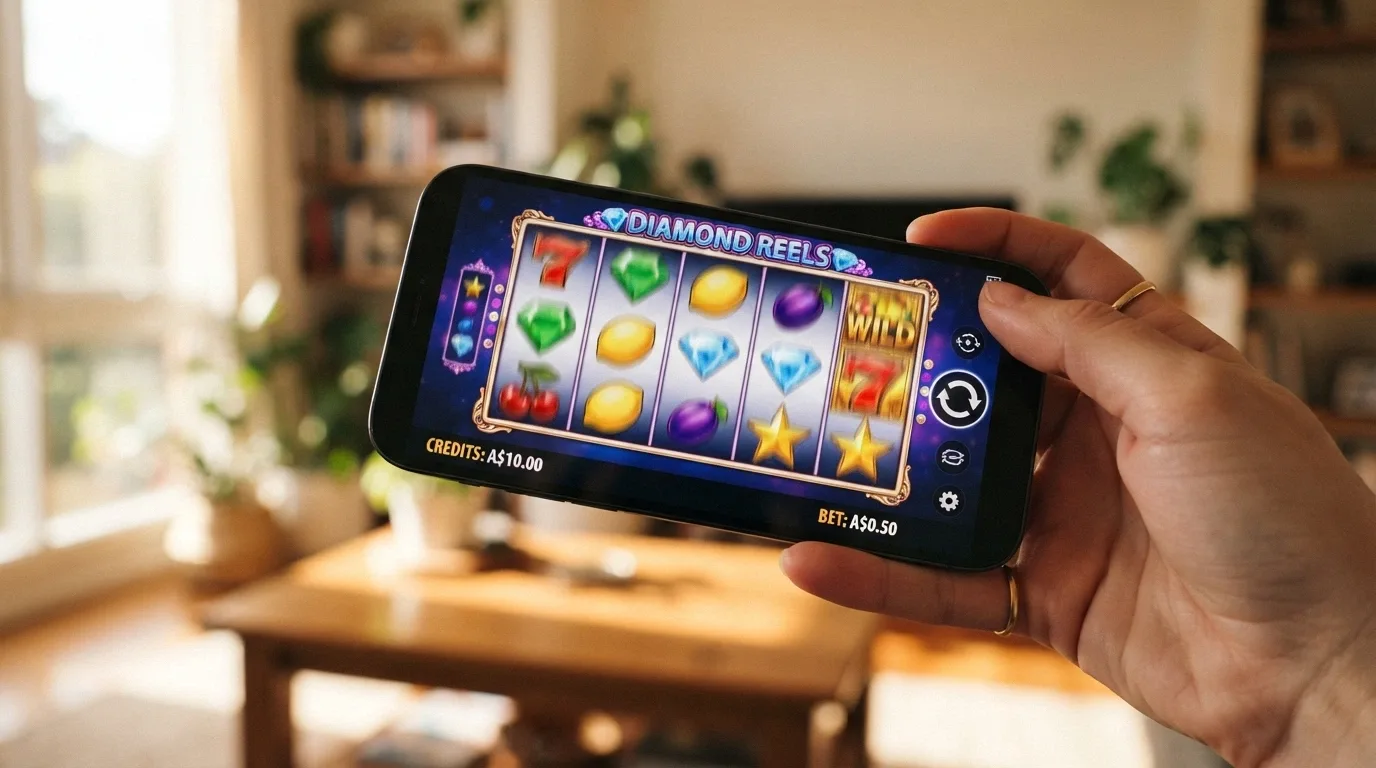 A pokies game screen on a mobile phone showing a balance of A$10.00 with a spin button and five reels visible, colourful symbols mid-spin