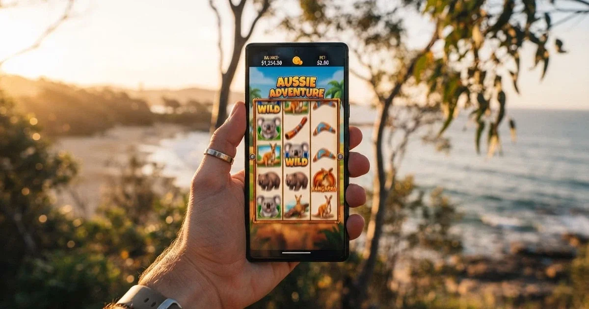 An Android phone held in one hand showing a pokies game screen with spinning reels, an AUD balance visible at the top, set against a recognisably Australian background
