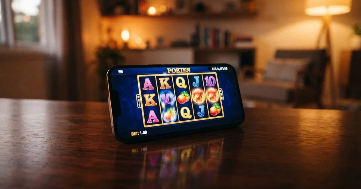 A smartphone screen showing a pokies game interface with spinning reels and a real-money balance display