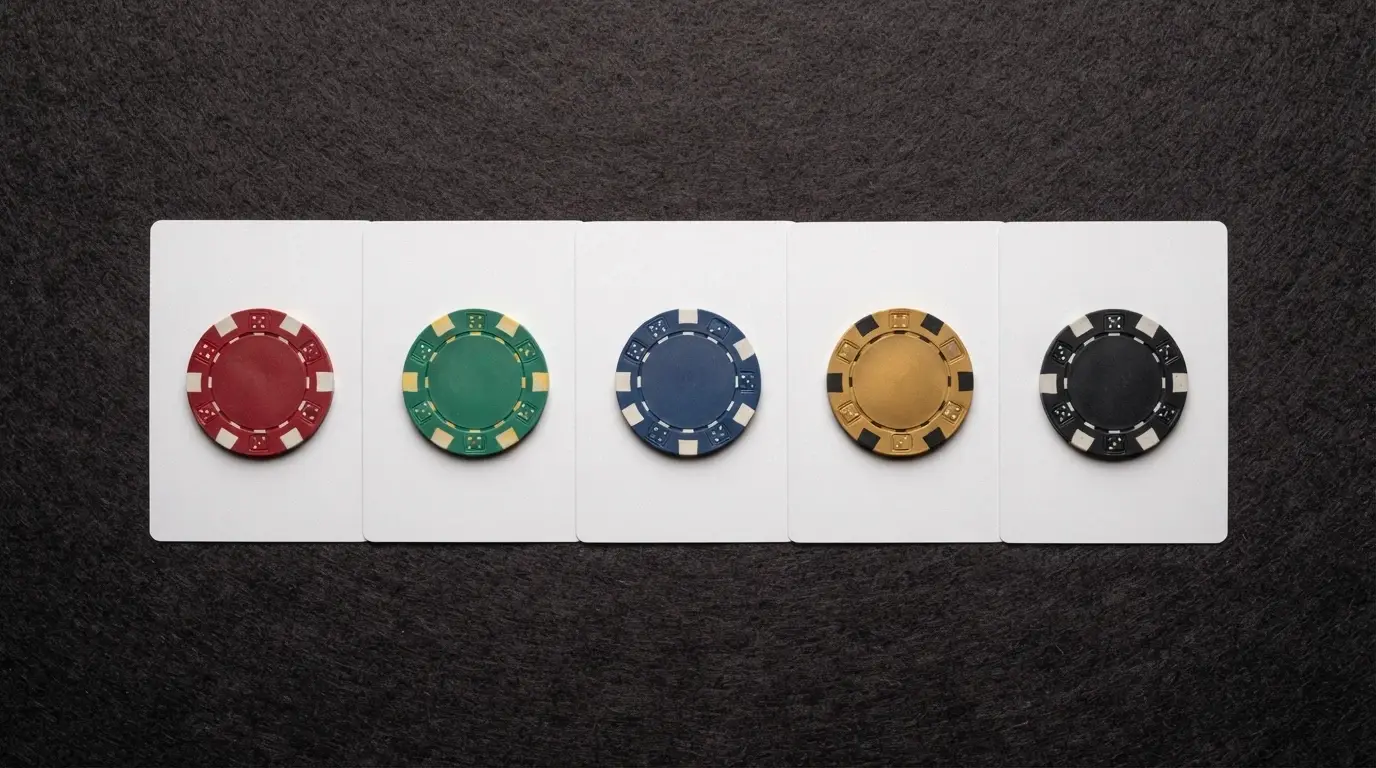 Five labelled cards laid out on a dark surface, each representing a different reload-bonus type — match percentage, free spins, cashback, high-roller and VIP — with a different coloured chip on each