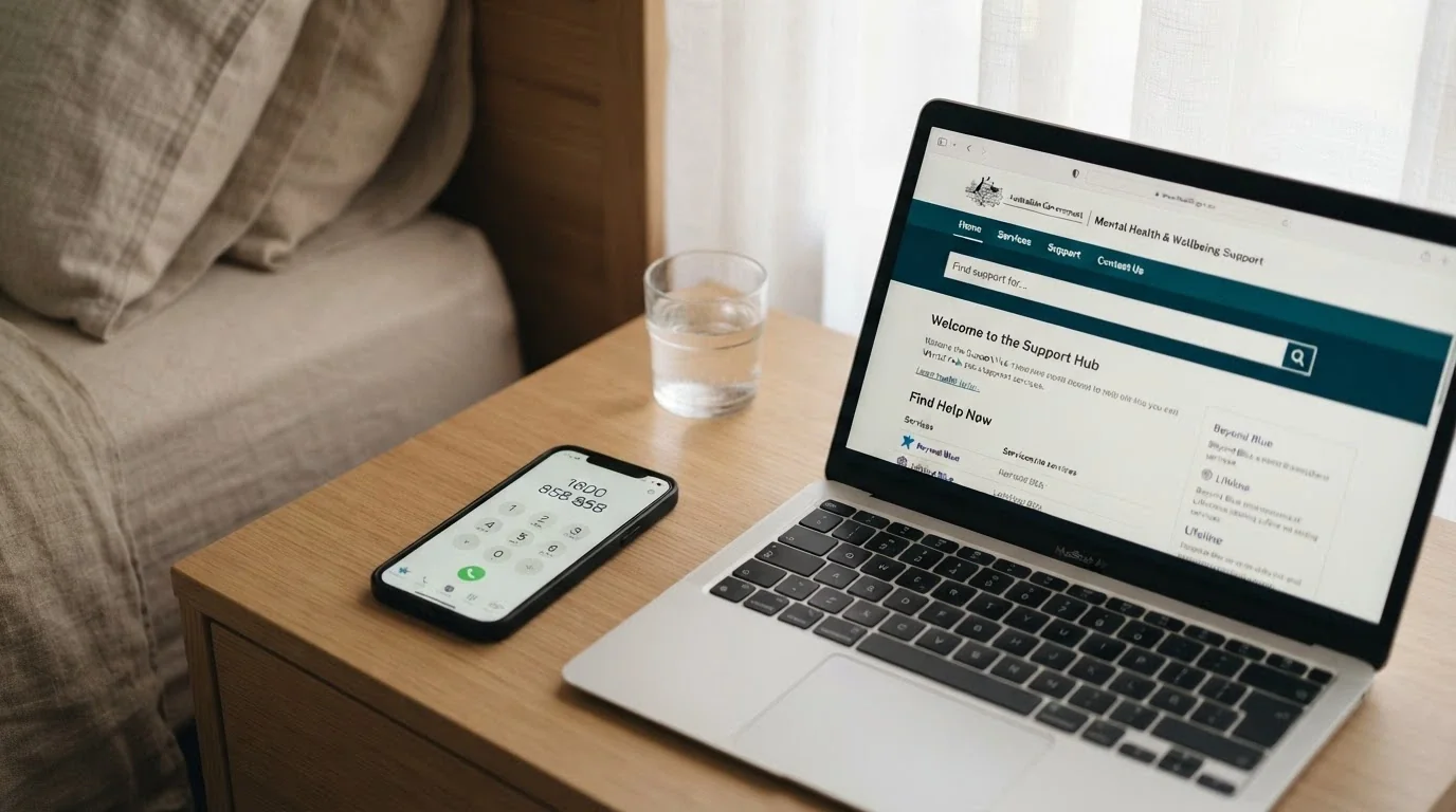 A close-up of a phone keypad with 1800 858 858 partially dialled, beside a screen showing the betstop.gov.au homepage