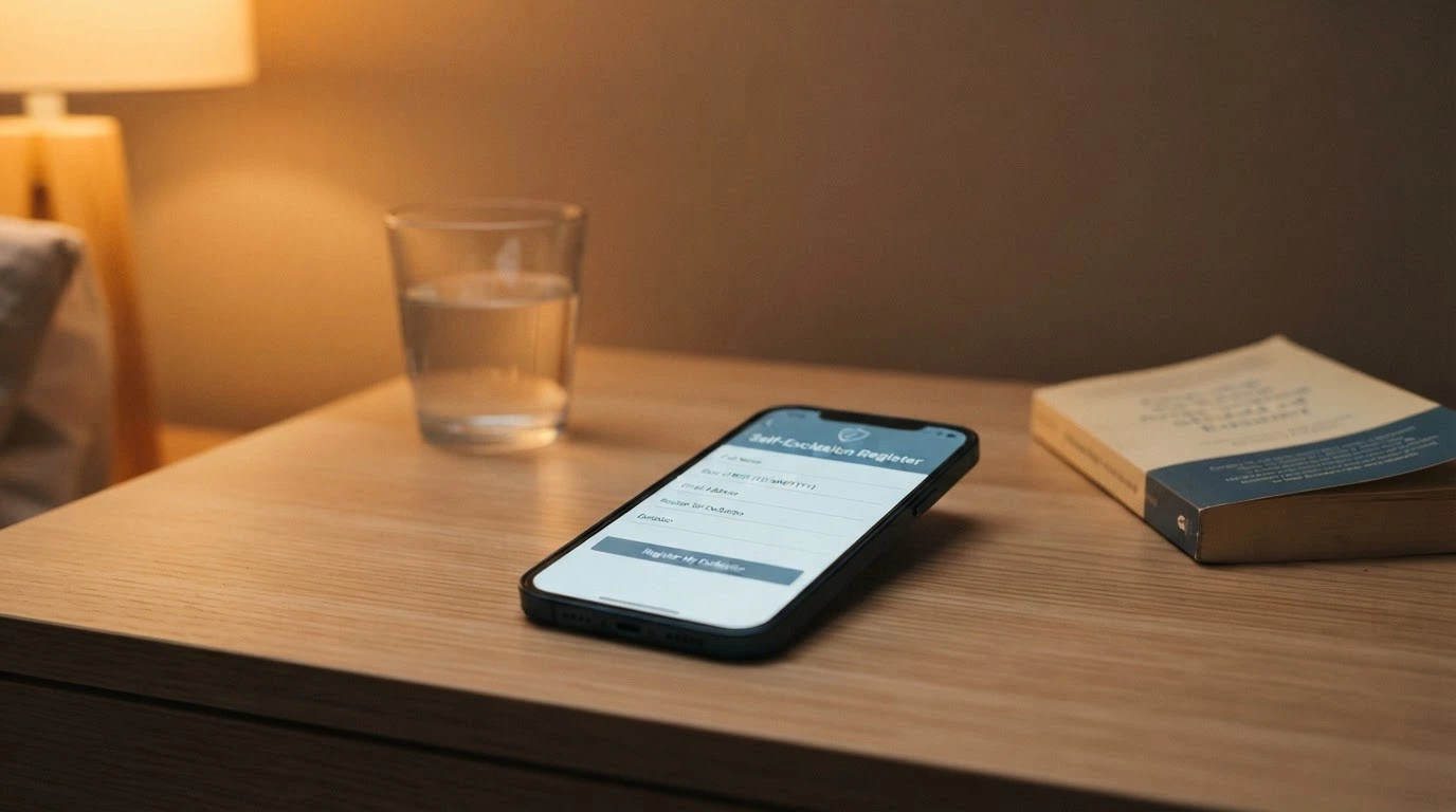 A smartphone screen displaying the BetStop National Self-Exclusion Register homepage