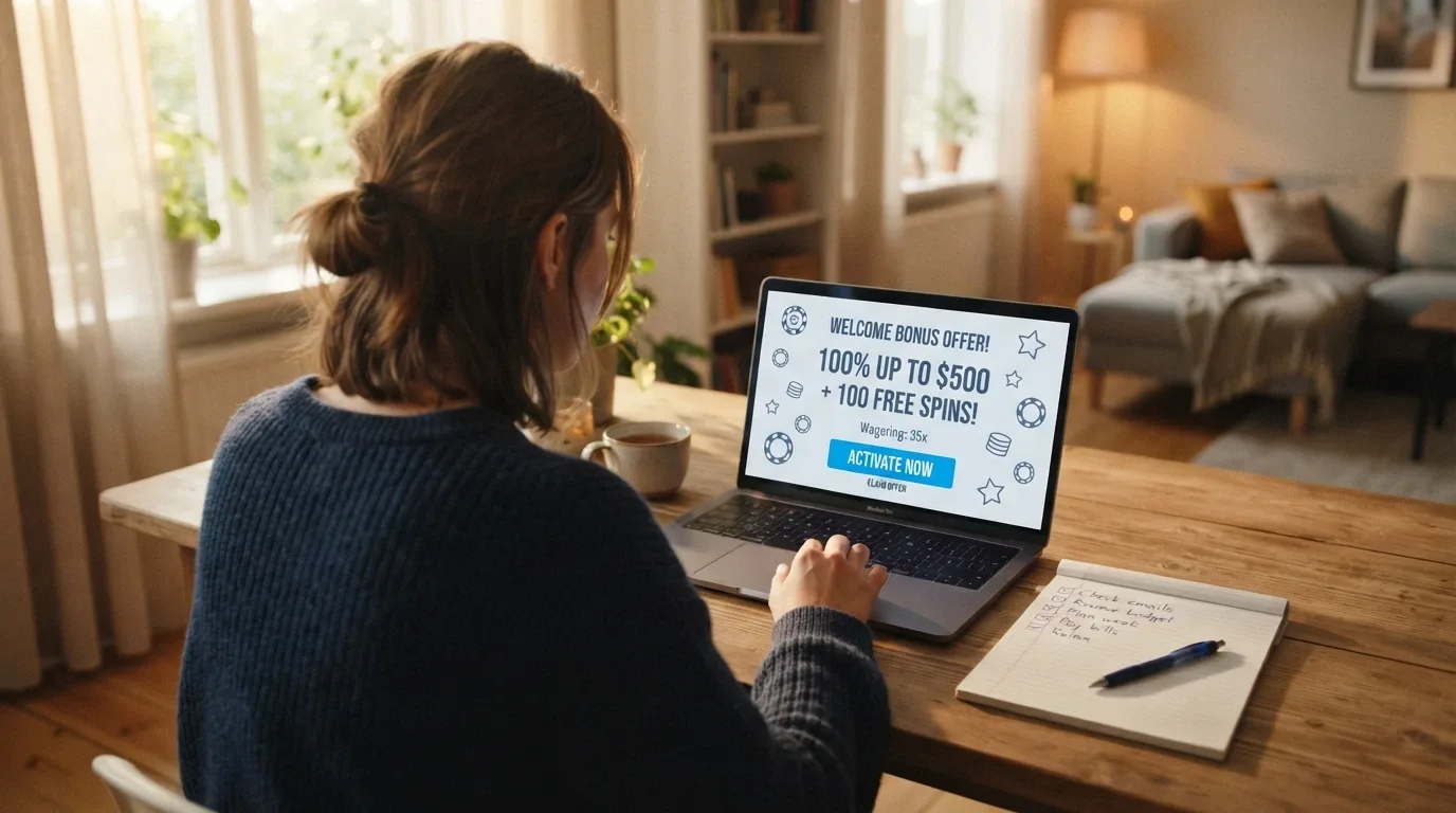 A person looking at a laptop with a casino bonus screen, a notepad beside them with a handwritten checklist of terms to verify