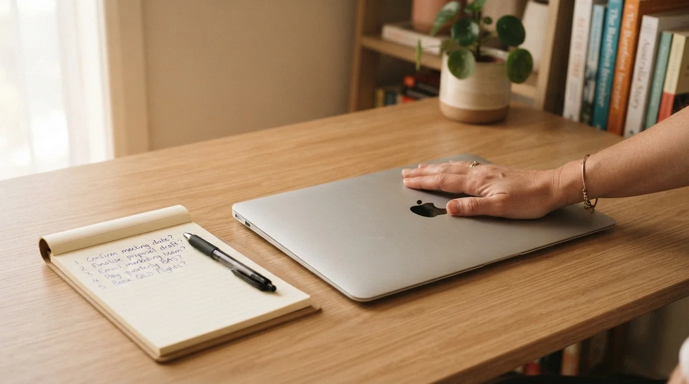 A person's hand resting on a closed laptop, with a notepad beside it showing a handwritten list: “Wagering? Cap? Validity? Max bet? RTP?” — the checklist a player should run before claiming any bonus