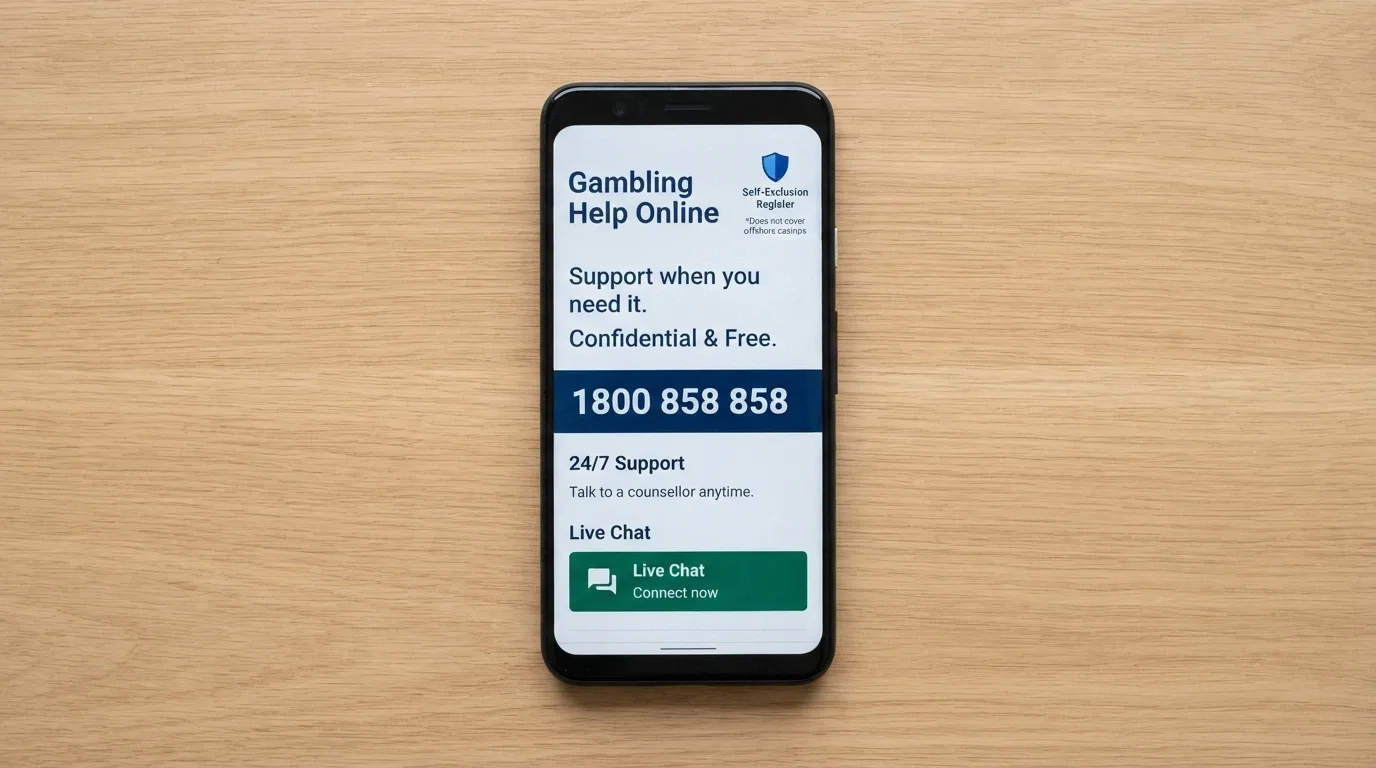 A phone screen showing the Gambling Help Online homepage with the 1800 858 858 number clearly visible, beside a BetStop logo with a note indicating it does not cover offshore casinos