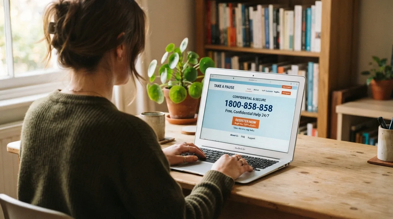 BetStop National Self-Exclusion Register homepage on a laptop screen with the 1800 858 858 helpline number visible