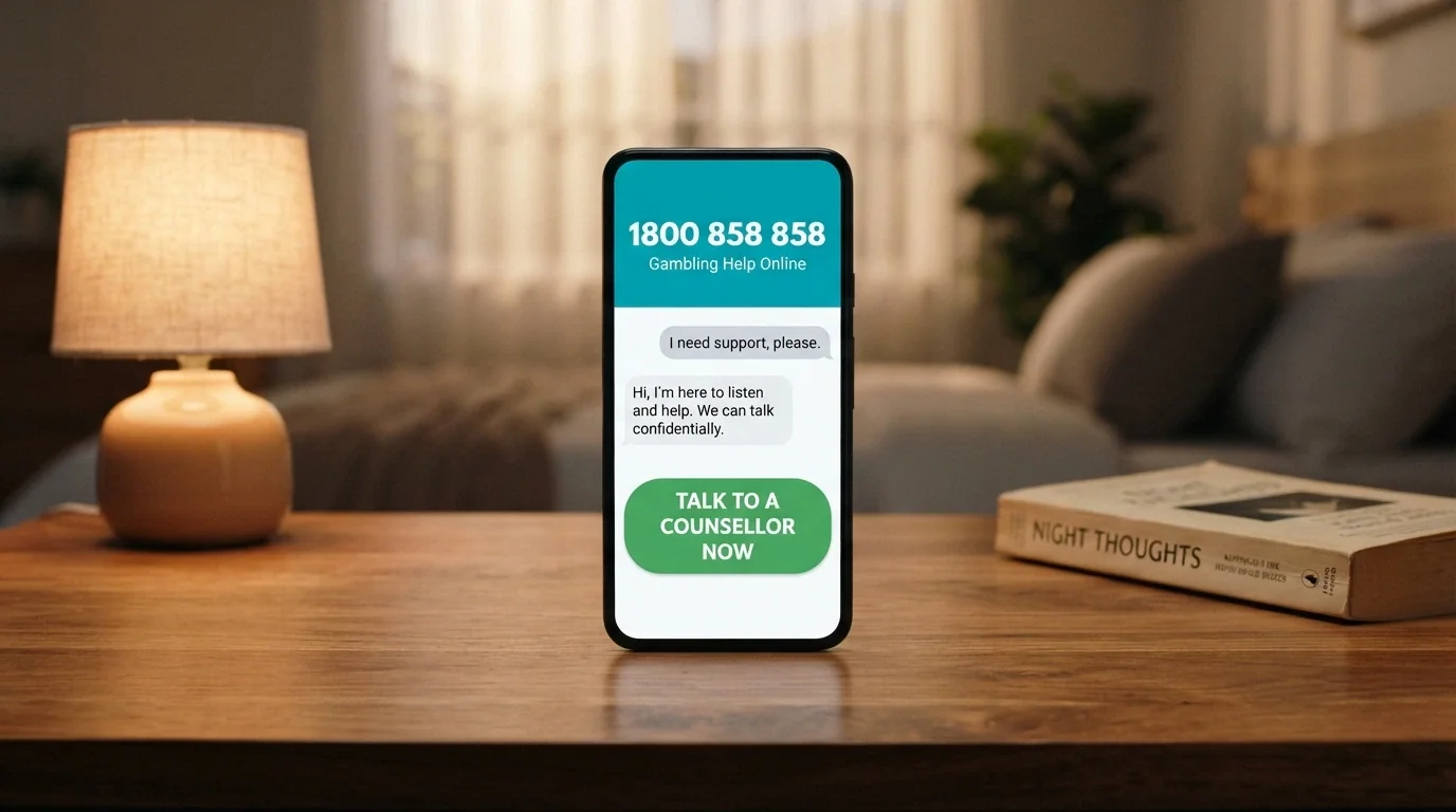 A phone screen showing the Gambling Help Online chat interface with the 1800 858 858 number prominently displayed