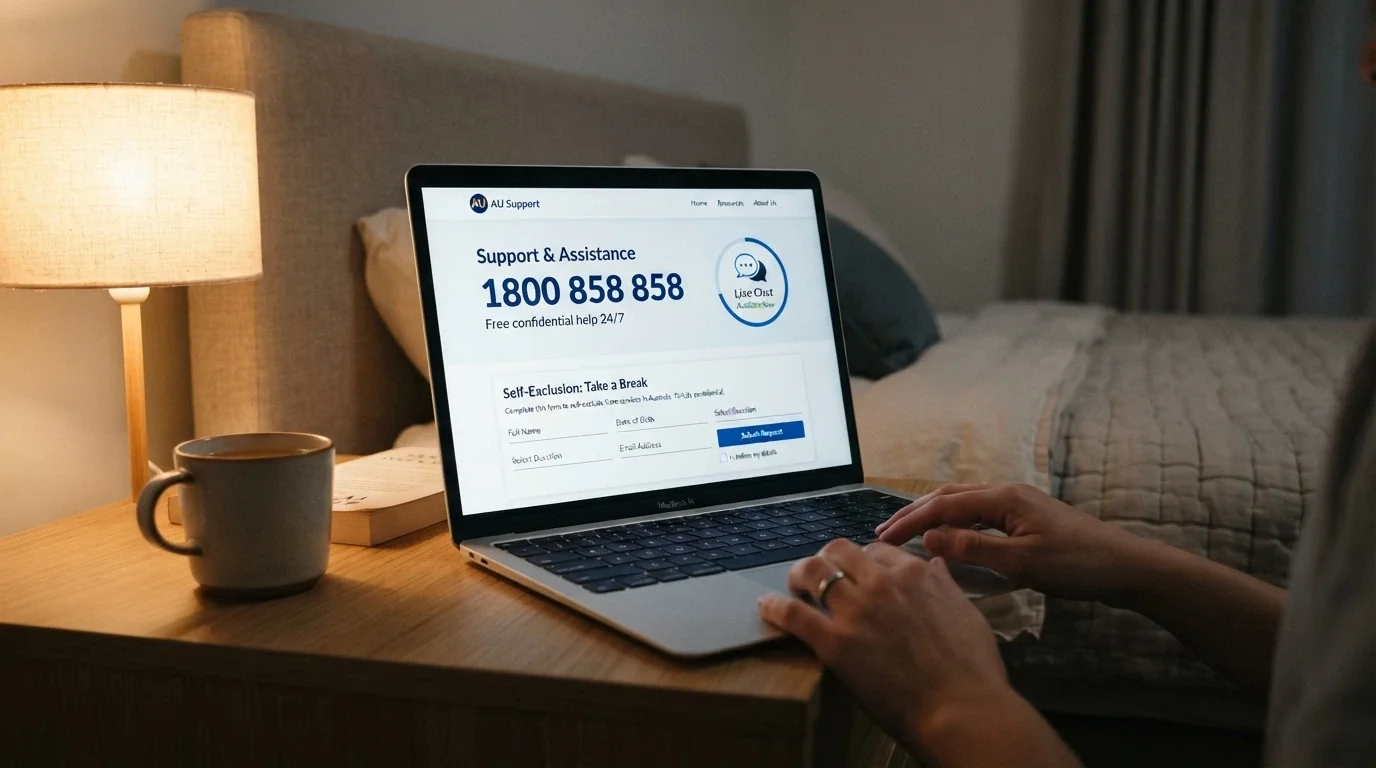 A support-screen visual showing a helpline number prominently displayed — 1800 858 858 — with a chat icon and a self-exclusion form in the background