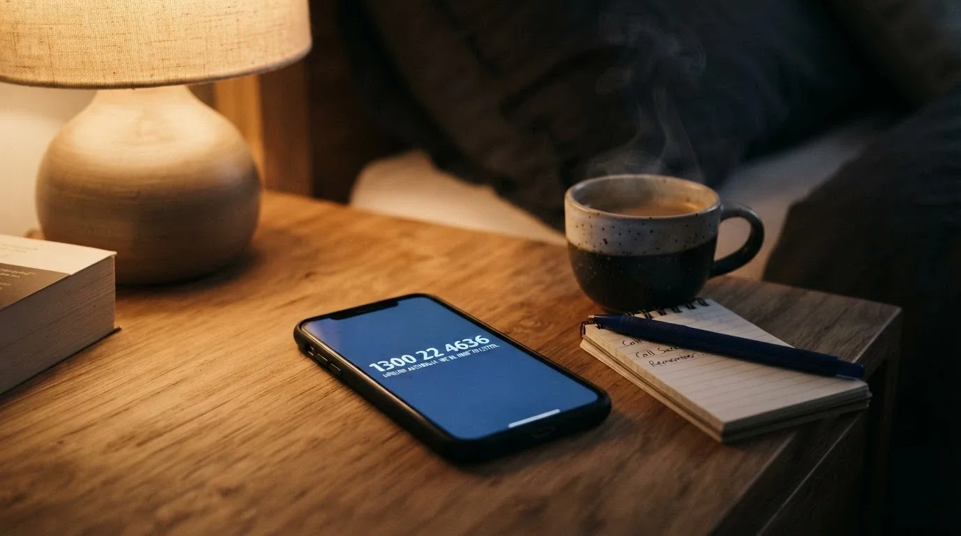 A phone displaying the National Gambling Helpline number 1800 858 858 beside a cup of coffee, shot in warm but serious tones
