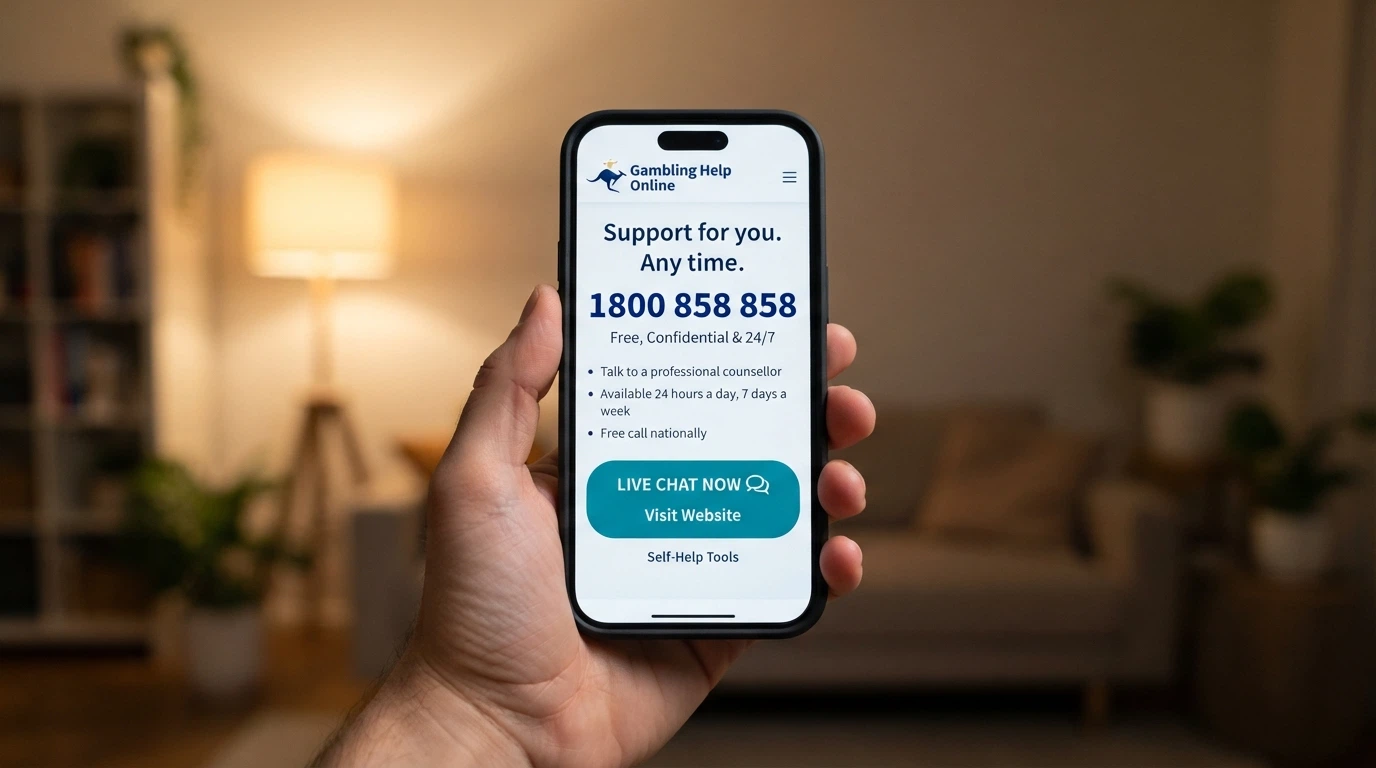 A responsible-gambling support screen displaying the National Gambling Helpline 1800 858 858, online chat button and 24/7 availability